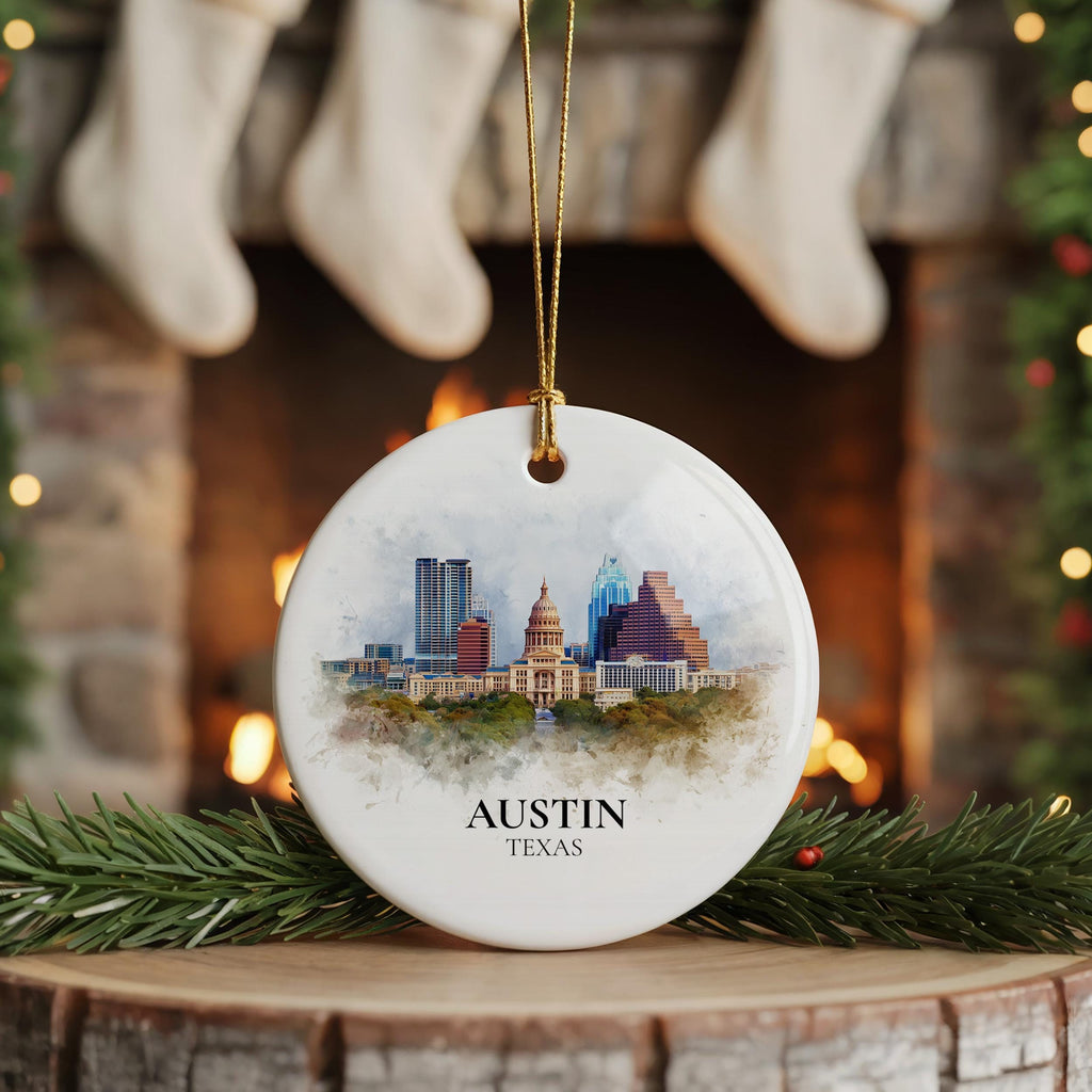 Austin Texas Personalized Watercolor Ornament, Custom Ceramic Christmas gift, Travel Keepsake