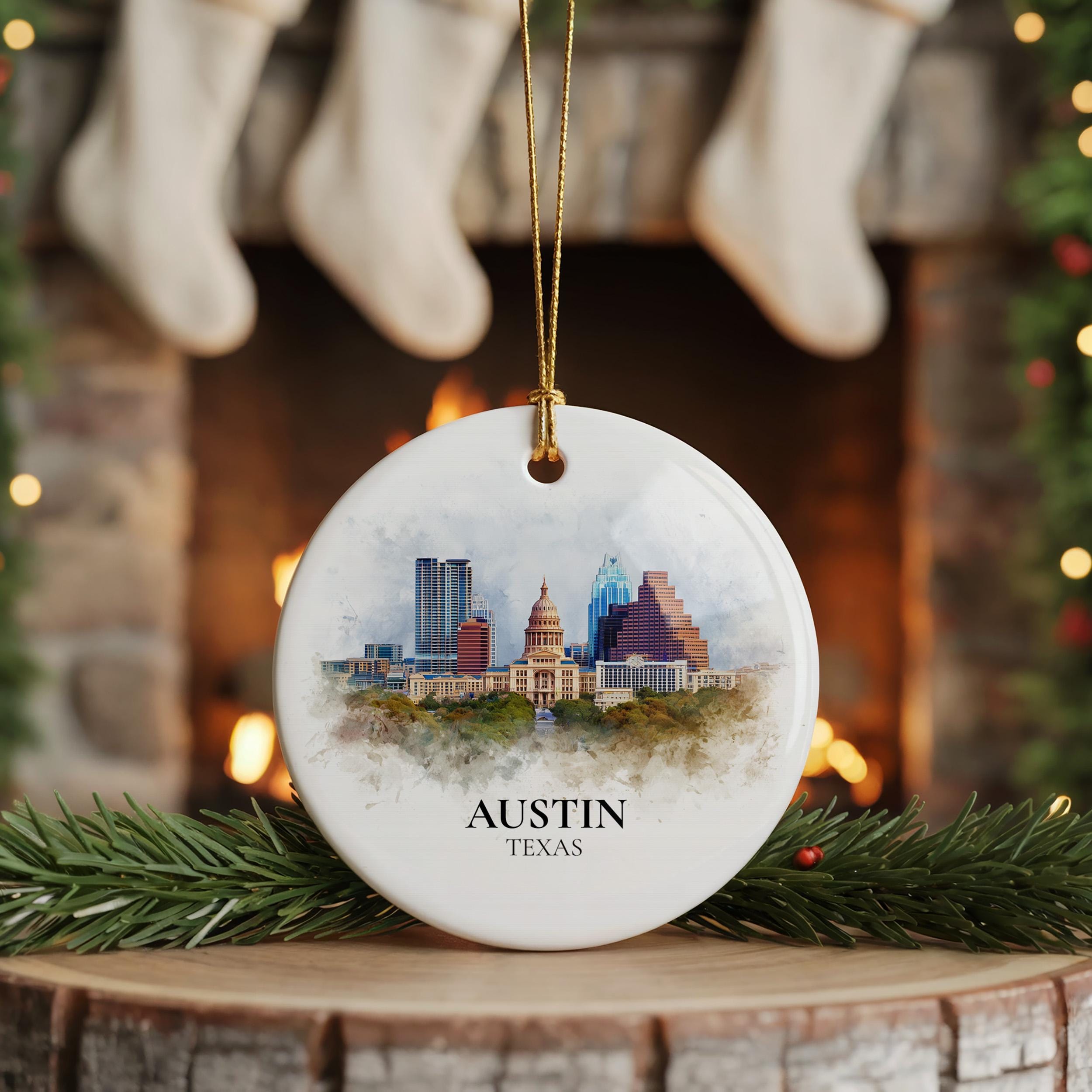 Austin Texas Personalized Watercolor Ornament, Custom Ceramic Christmas gift, Travel Keepsake
