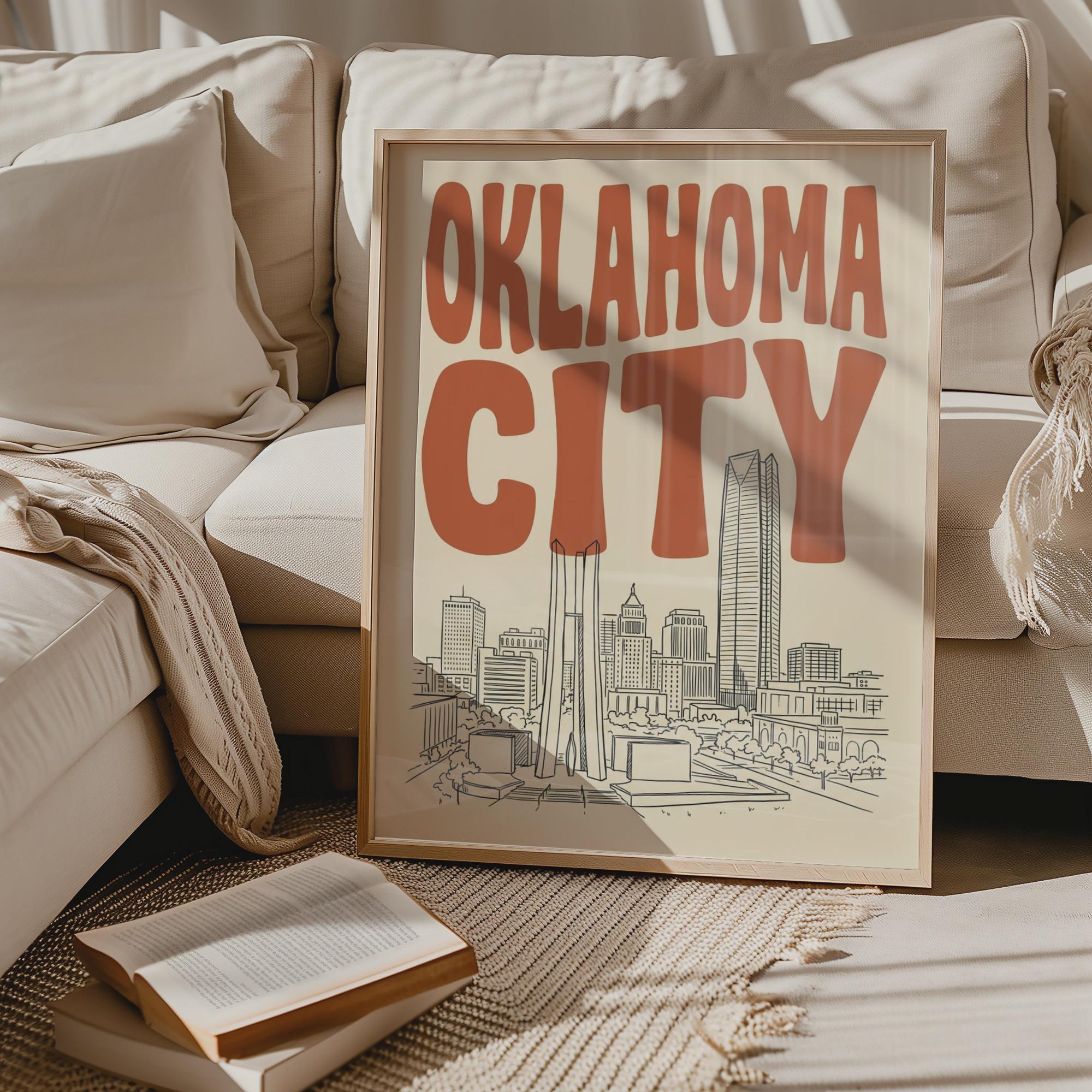 Oklahoma City Skyline Wall Art, Framed Canvas Print, Retro Home Decor
