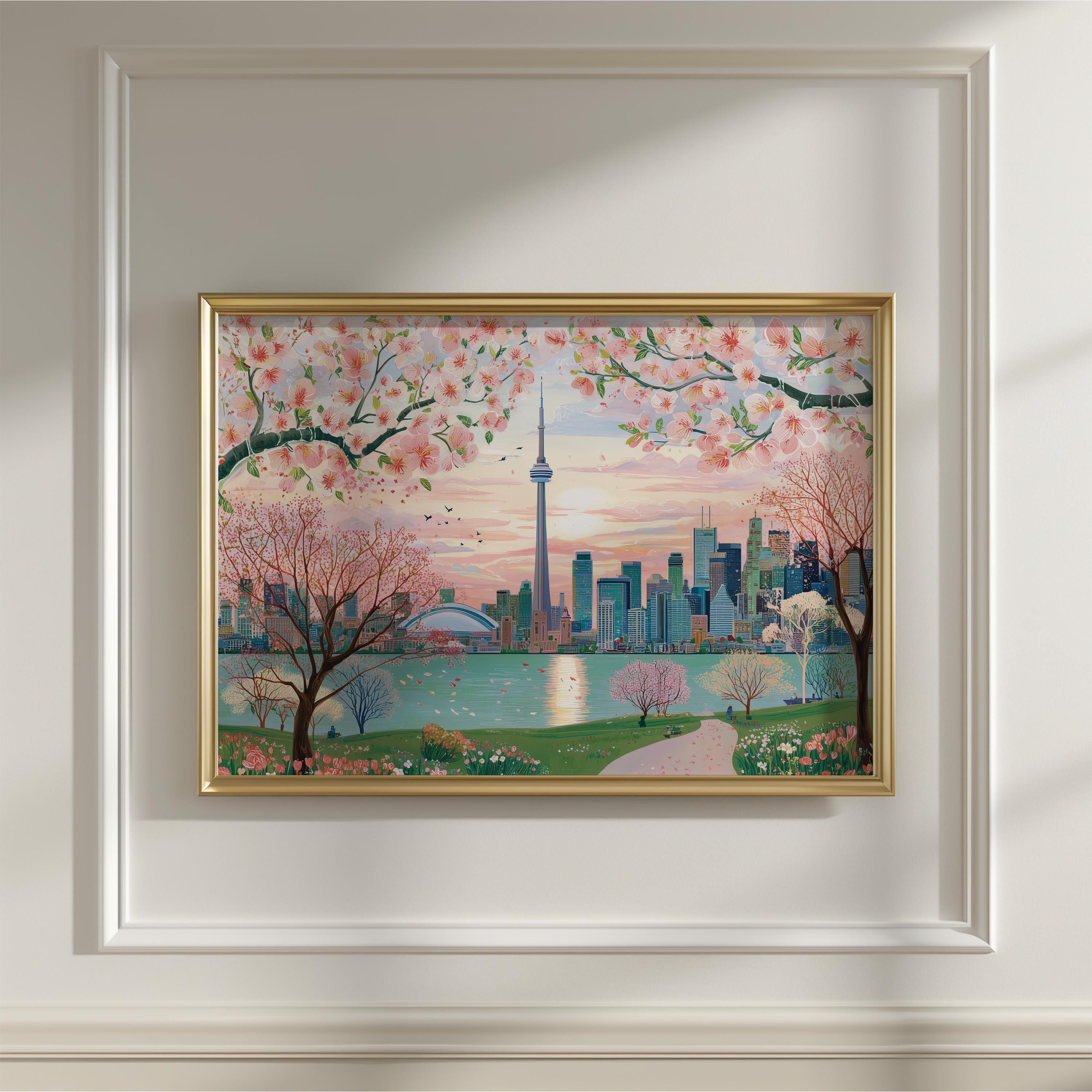 Toronto Spring Wall Art, Cherry Blossom Floral Canada Travel Gift Decor Large Print Painting