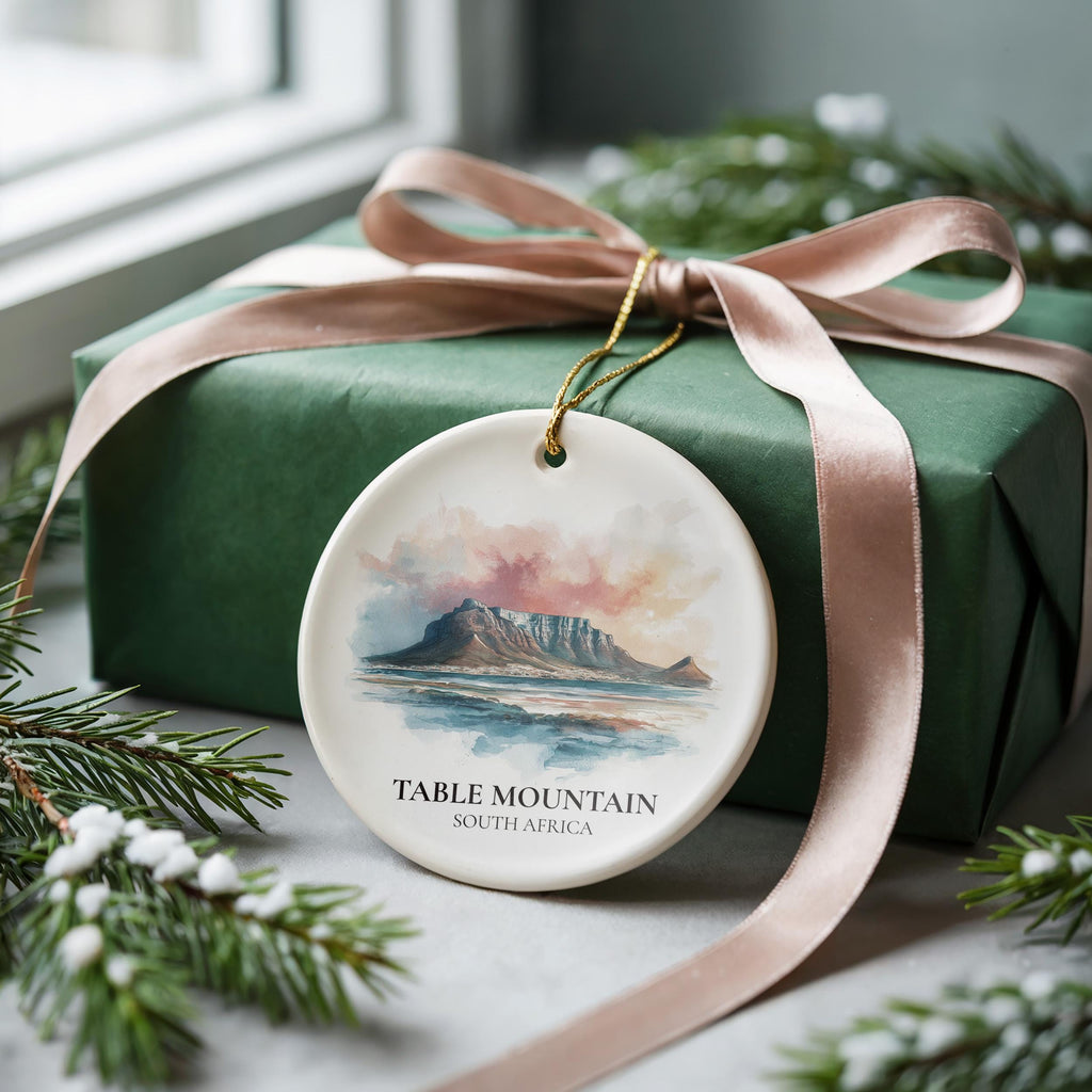 Table Mountain South Africa Personalized Watercolor Ornament, Custom Ceramic Christmas gift, Travel Keepsake