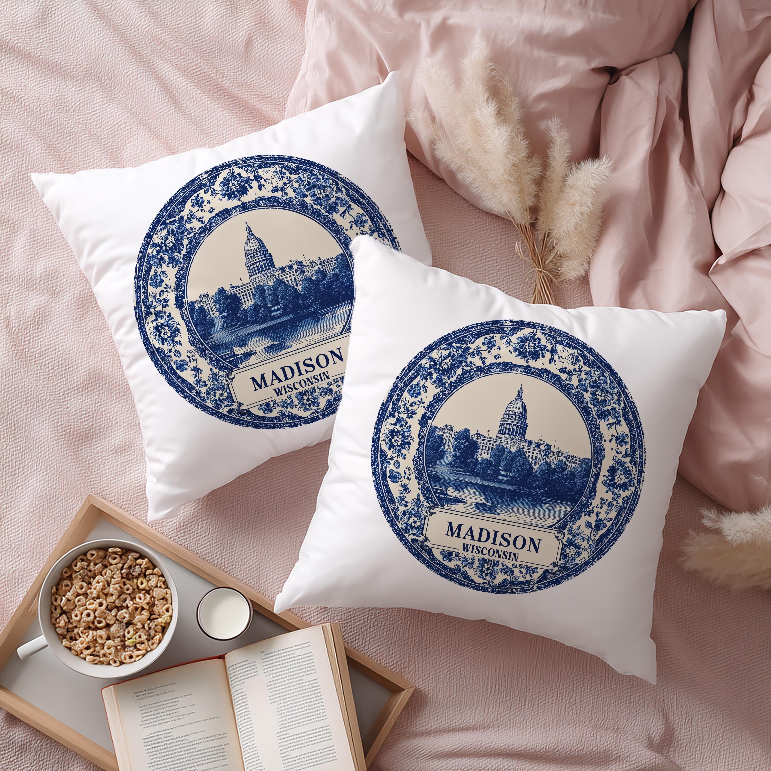 Madison Wisconsin Pillowcase, Delft Style Decorative Throw Pillow, Vintage Cityscape Retro Home Decor