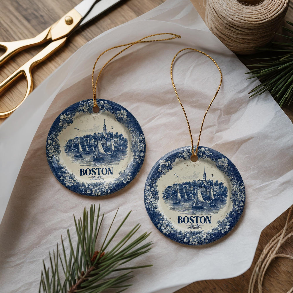 Custom Boston Massachusetts Ceramic Delft Ornament, Christmas Delftware Blue Delftware city travel
