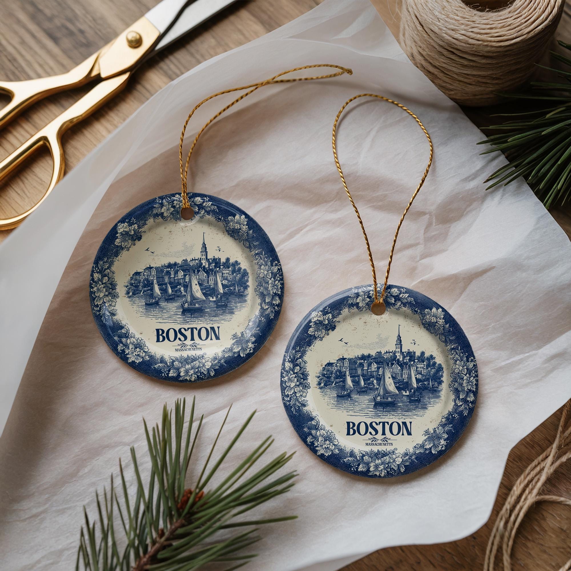 Custom Boston Massachusetts Ceramic Delft Ornament, Christmas Delftware Blue Delftware city travel