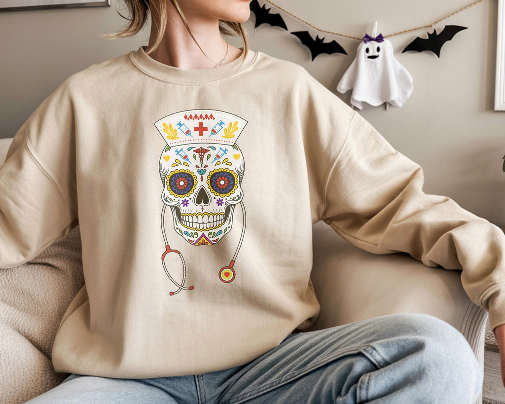 Skull Nurse Sweatshirt, Halloween Sweater, Day of the Dead Nurse, Spooky Nurse Outfit, Nurse Appreciation Gift, Medical Halloween Crewn
