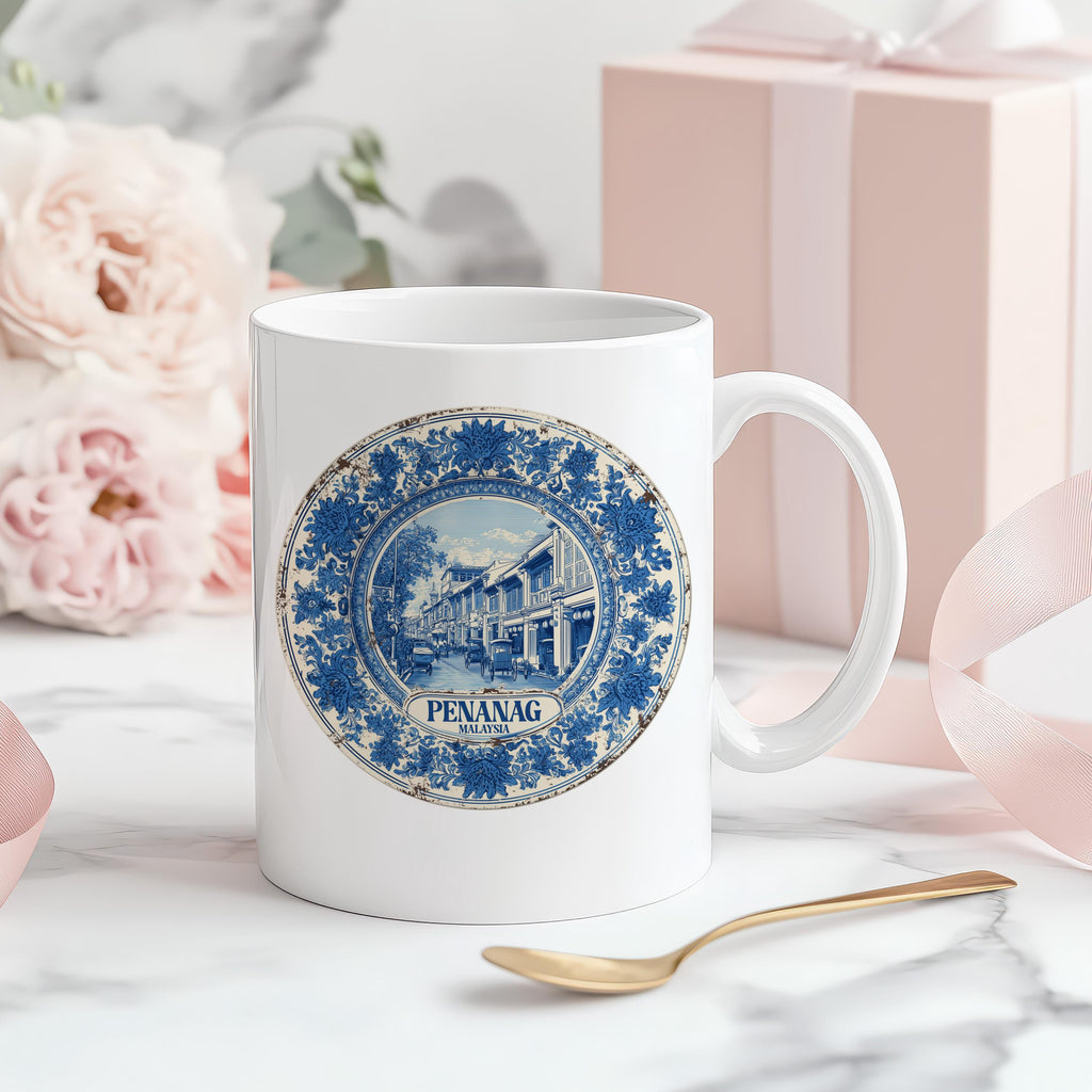 Penang Malaysia Mug, Custom Delft Style cup, Personalized Vintage Travel City Gift