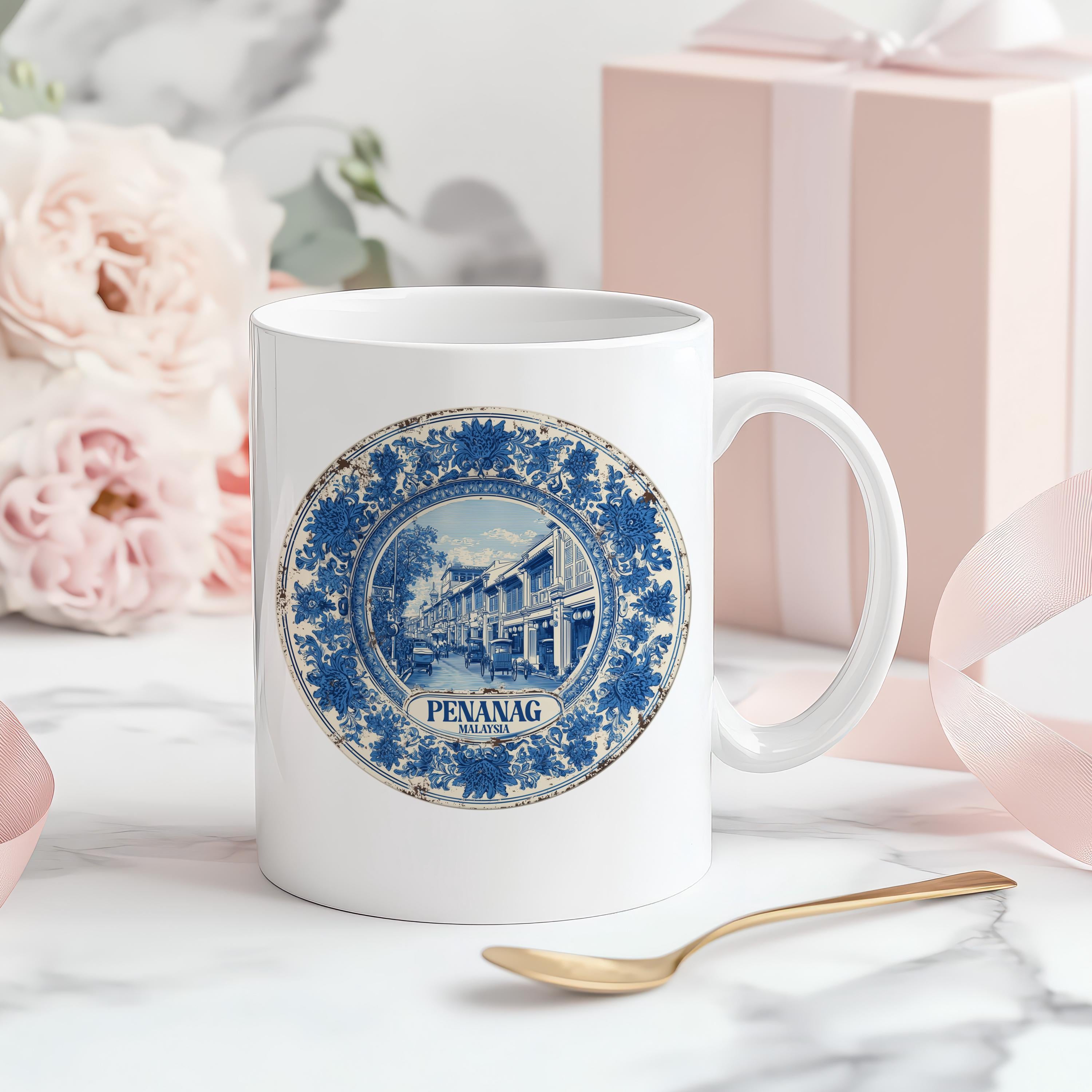 Penang Malaysia Mug, Custom Delft Style cup, Personalized Vintage Travel City Gift