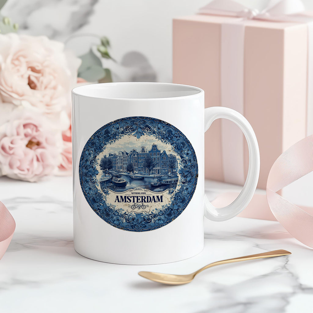 Amsterdam Netherlands Mug, Custom Delft Style cup, Personalized Vintage Travel City Gift