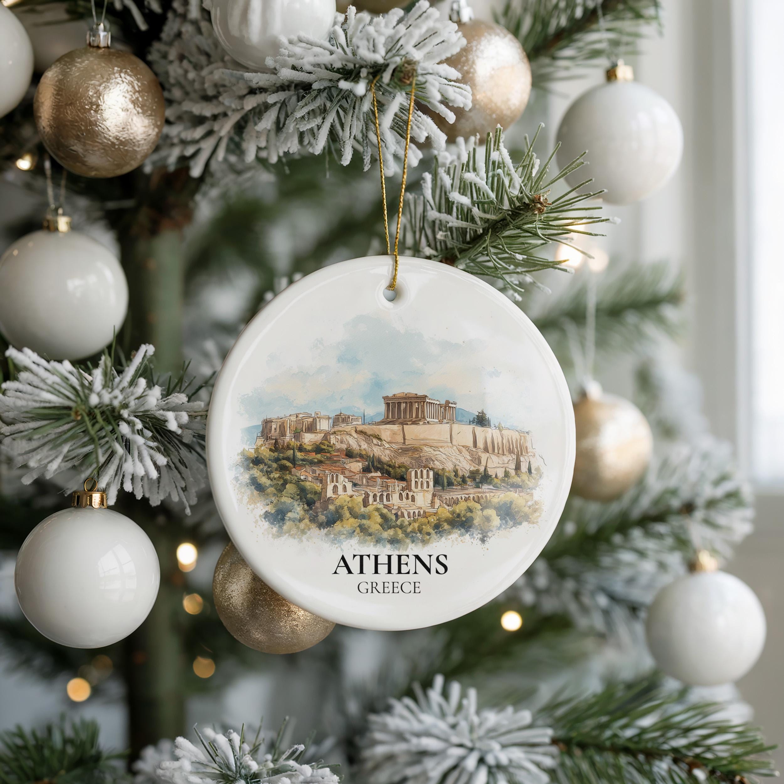 Athens Greece Personalized Watercolor Ornament, Custom Ceramic Christmas gift, Travel Keepsake