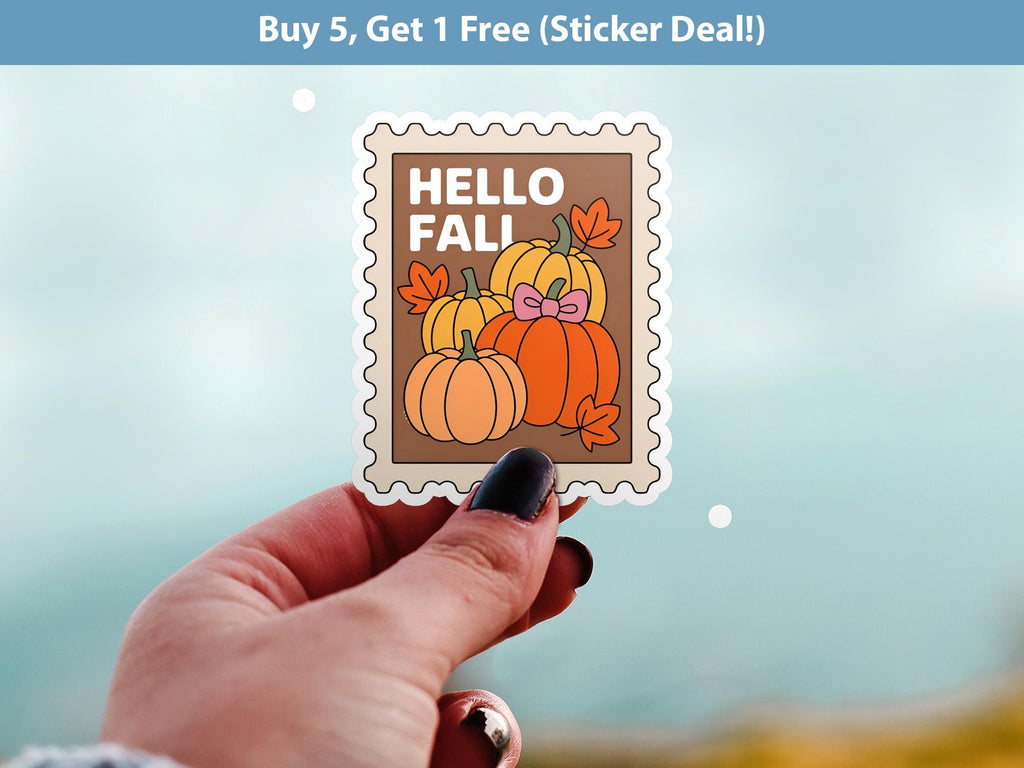 Hello Fall Stamp Stamp Sticker, Spooky Halloween Waterproof Decal for tumbler, kindle