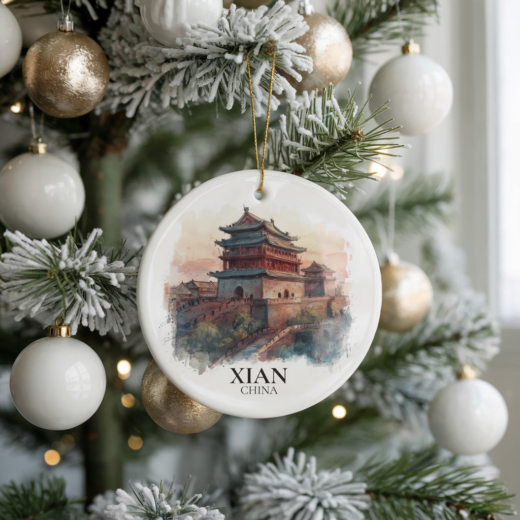 Xian China Personalized Watercolor Ornament, Custom Ceramic Christmas gift, Travel Keepsake
