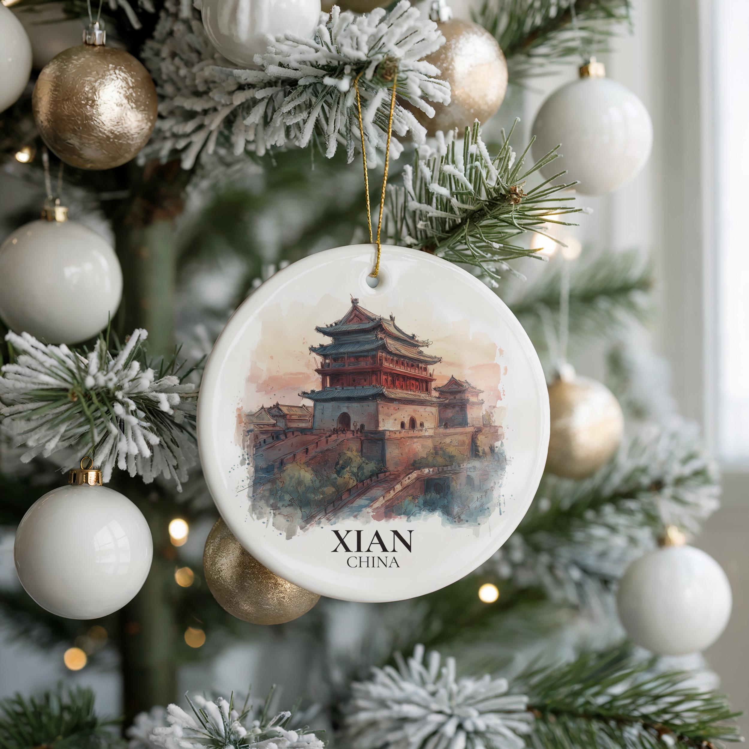 Xian China Personalized Watercolor Ornament, Custom Ceramic Christmas gift, Travel Keepsake