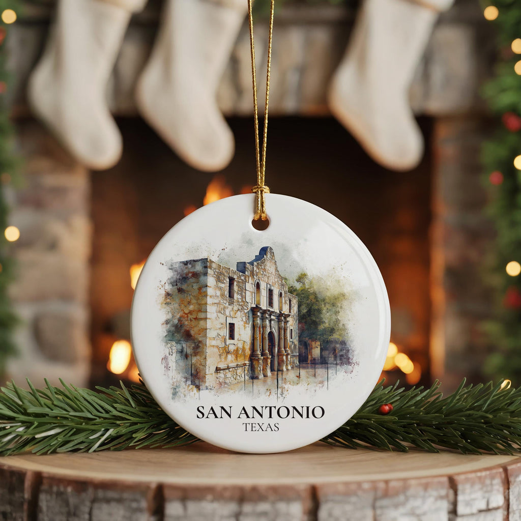 San Antonio Personalized Watercolor Ornament, Texas Custom Ceramic Christmas gift, Travel Keepsake