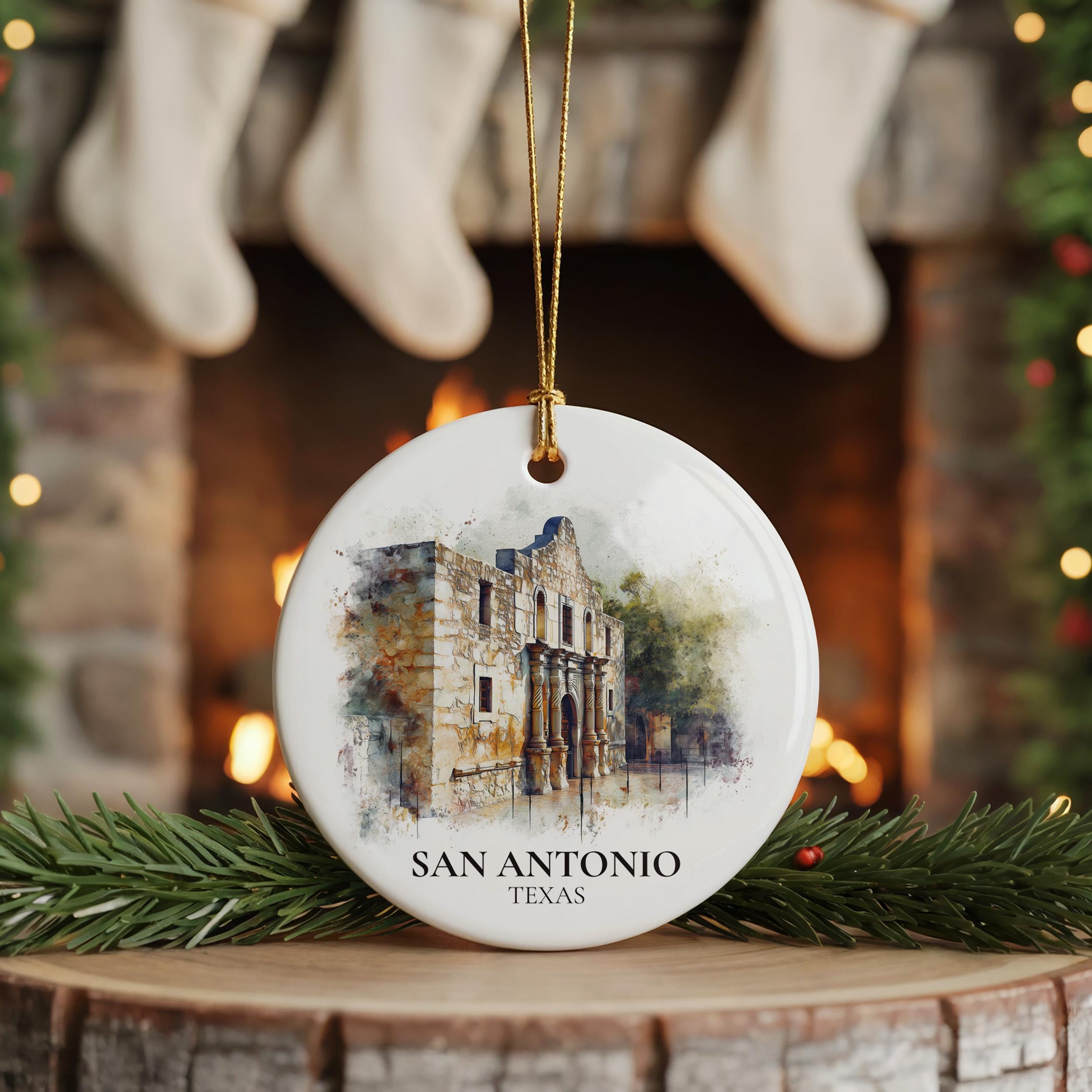 San Antonio Personalized Watercolor Ornament, Texas Custom Ceramic Christmas gift, Travel Keepsake