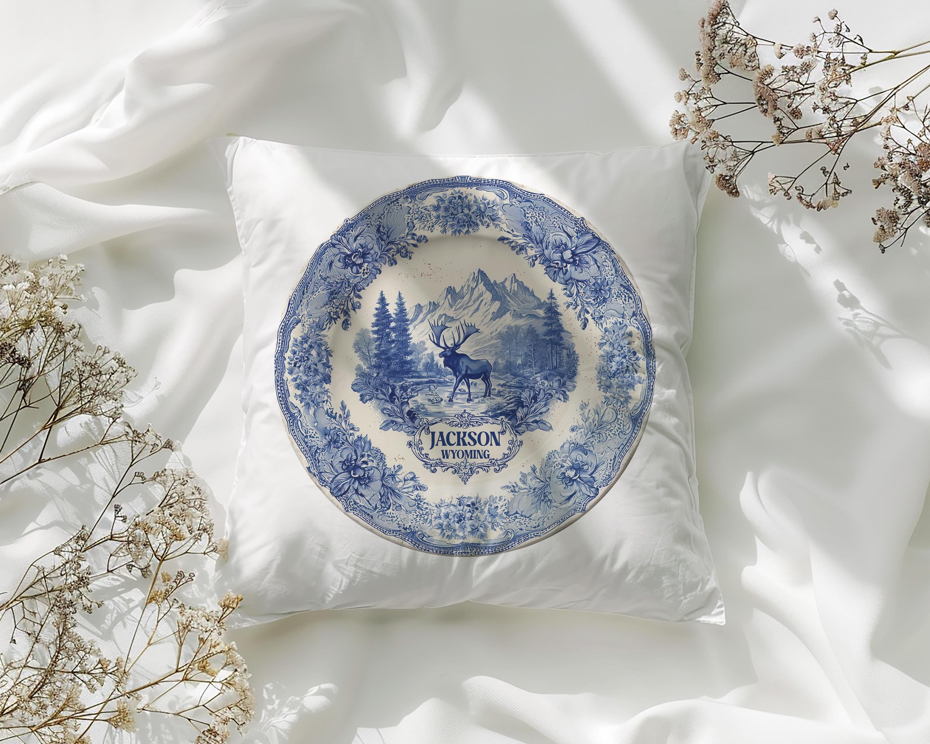 Jackson Wyoming Pillowcase, Delft Style Decorative Throw Pillow, Vintage Cityscape Retro Home Decor