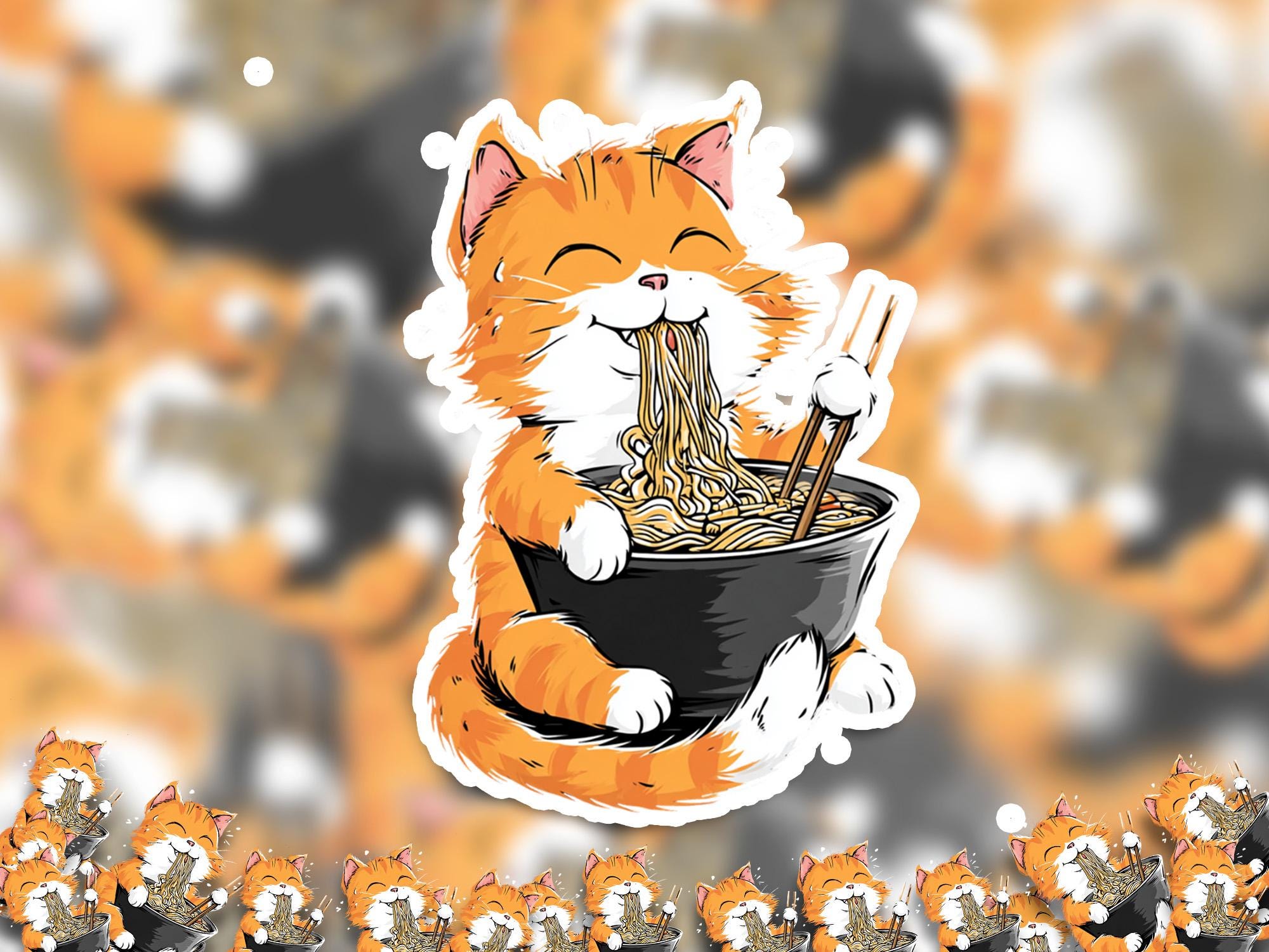 cute orange cat eats ramen cute kawaii Sticker, Kiss-Cut Vinyl Decals, Waterproof Stickers for Laptop & Tumbler, Cute Vinyl Decal Stickers