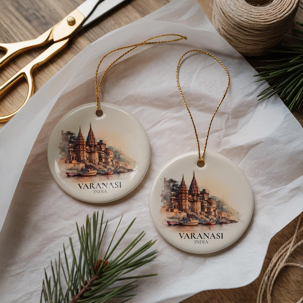 Varanasi India Personalized Watercolor Ornament, Custom Ceramic Christmas gift, Travel Keepsake