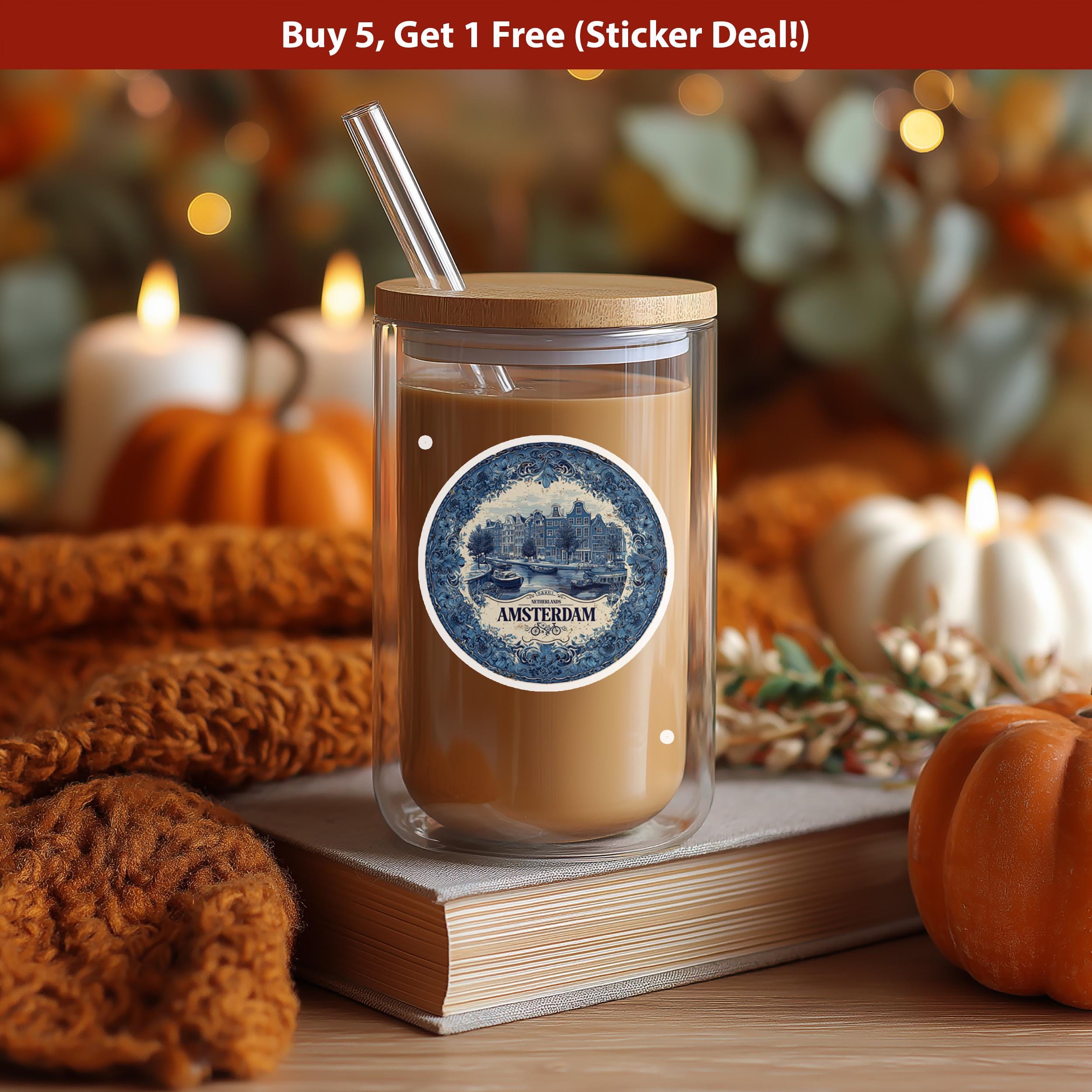 Amsterdam Sticker, Netherlands Vintage Delft style, Delftware Decal Waterproof Vinyl, Blue City Travel