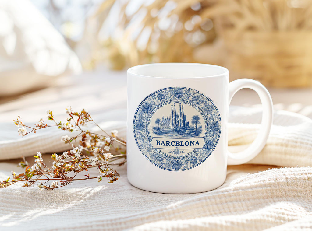 Barcelona Spain Mug, Custom Delft Style cup, Personalized Vintage Travel City Gift