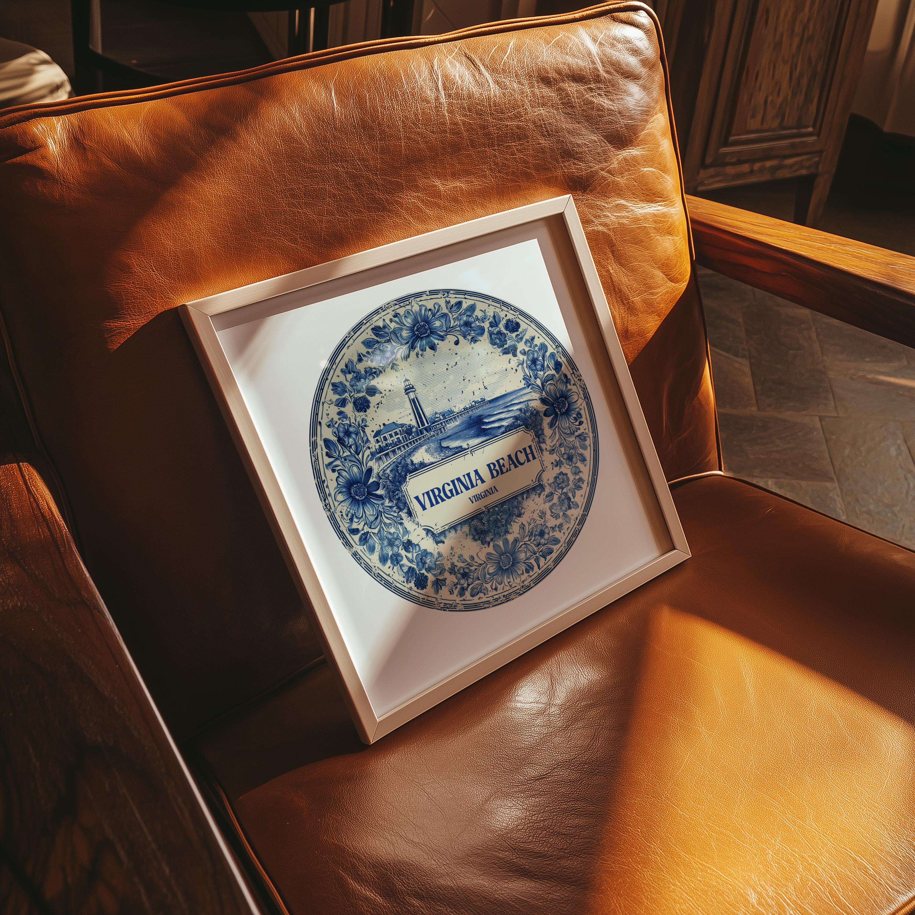 Virginia Beach Virginia Wall Art, Vintage Delft Blue Poster, City Print, Travel Home Decor