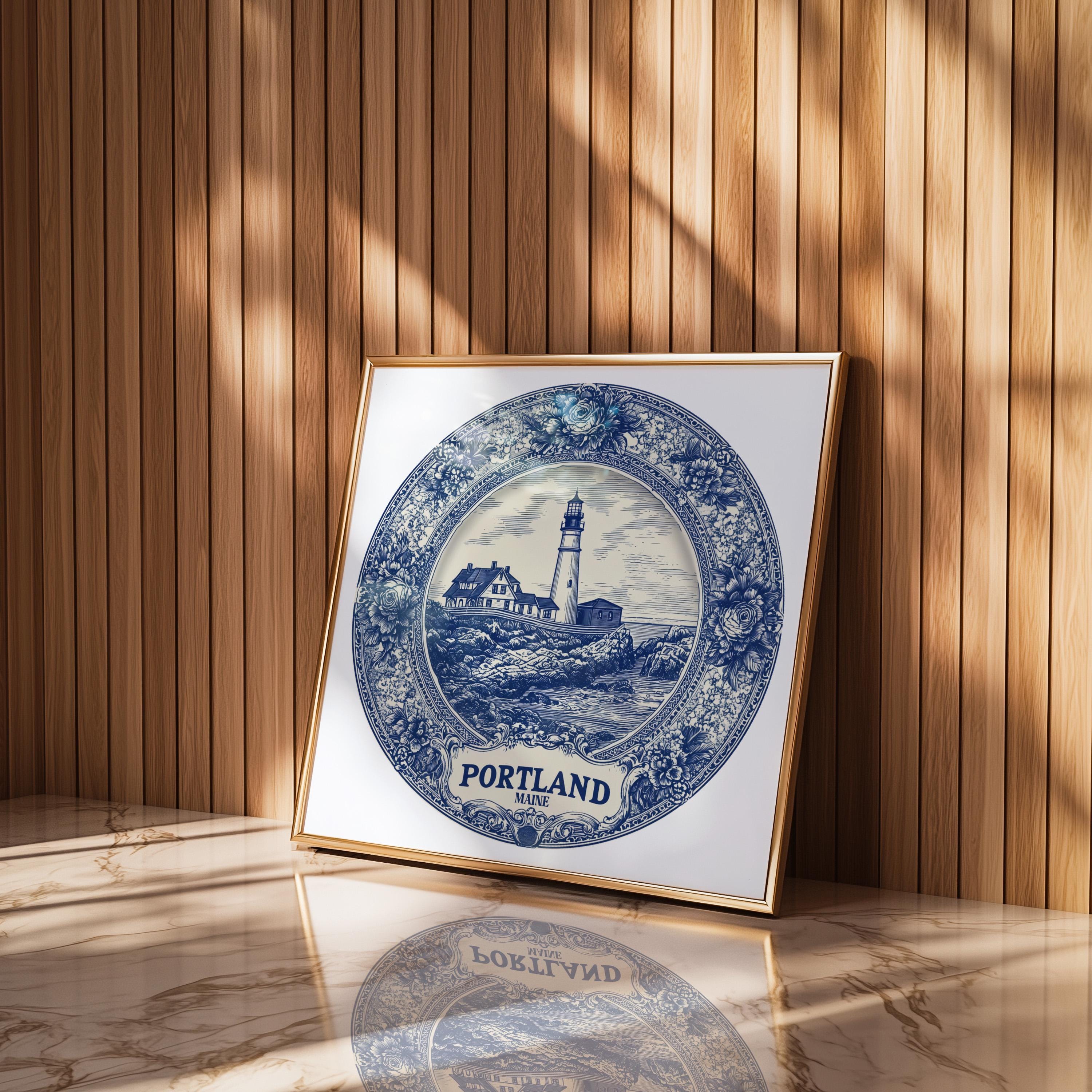 Portland Maine Wall Art, Vintage Delft Blue Poster, City Print, Travel Home Decor