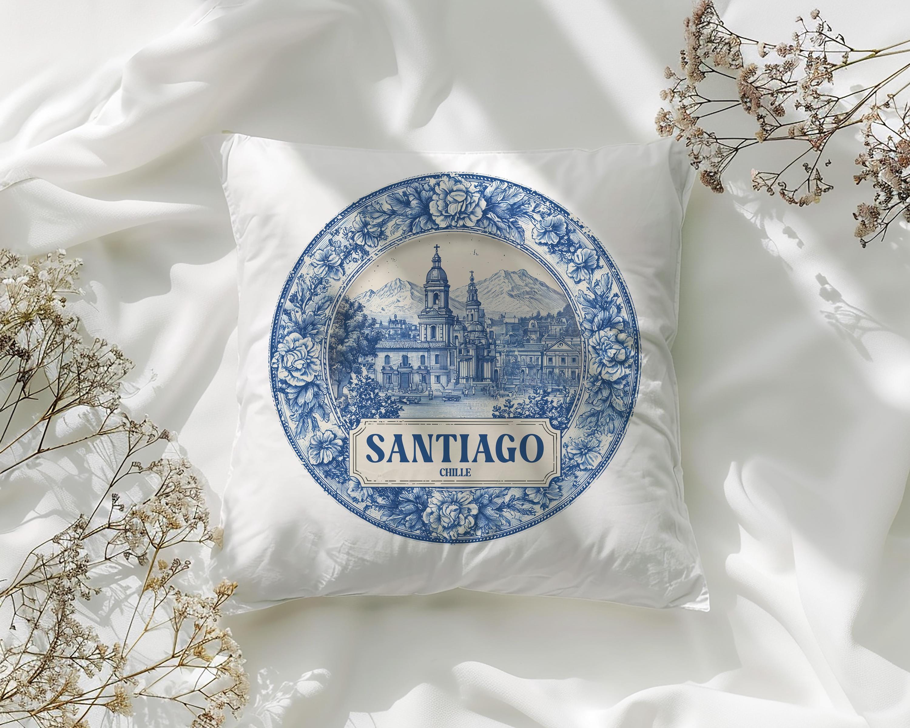 Santiago Chile Pillowcase, Delft Style Decorative Throw Pillow, Vintage Cityscape Retro Home Decor