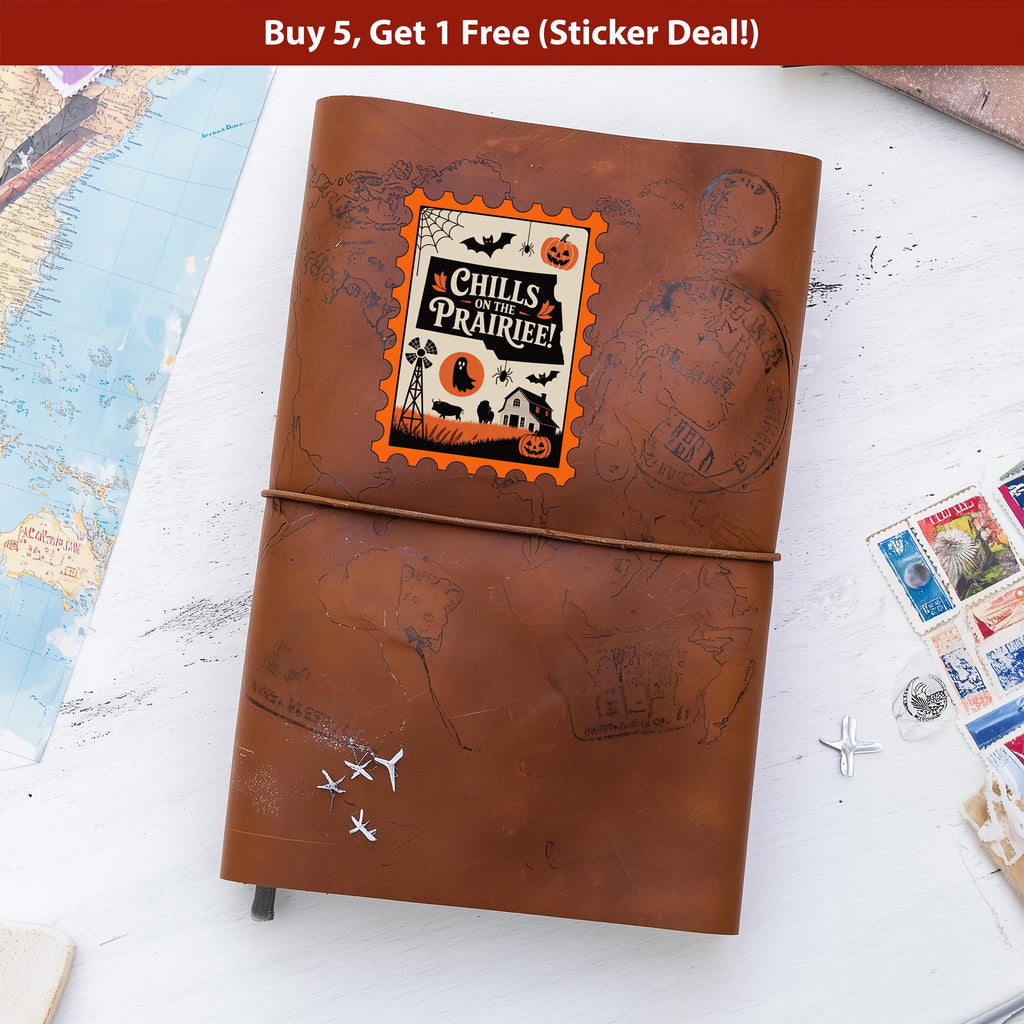 North Dakota Stamp Halloween Sticker, Spooky USA Kiss-Cut Vinyl, Waterproof Decal, United States Travel