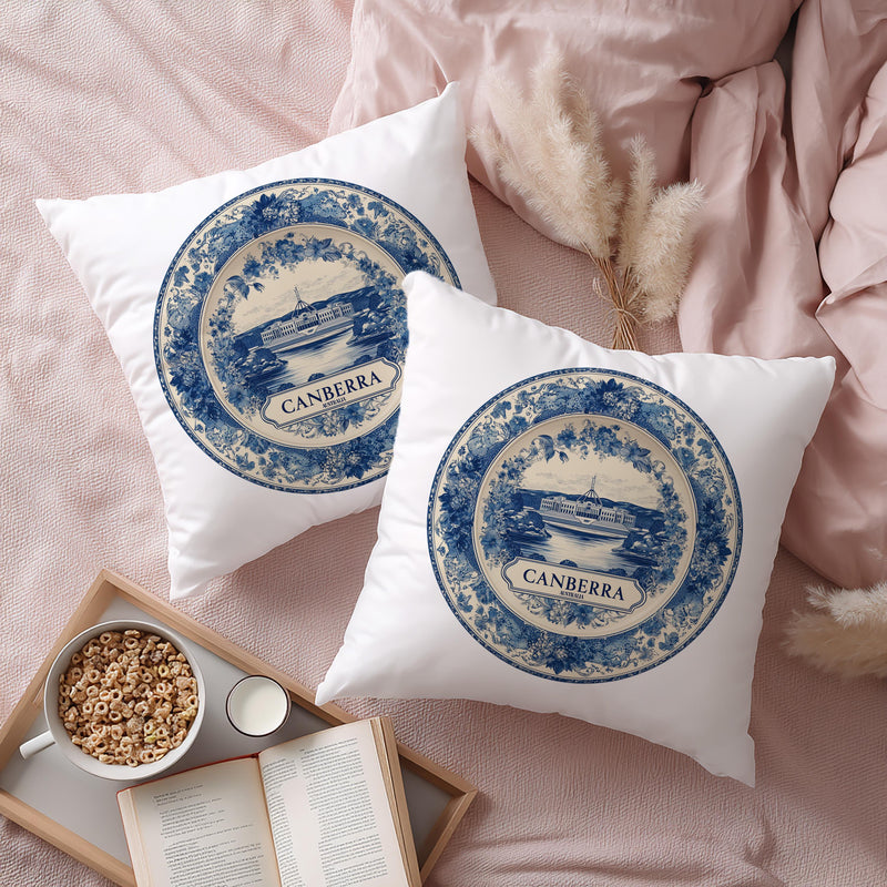 Canberra Australia Pillowcase, Delft Style Decorative Throw Pillow, Vintage Cityscape Retro Home Decor