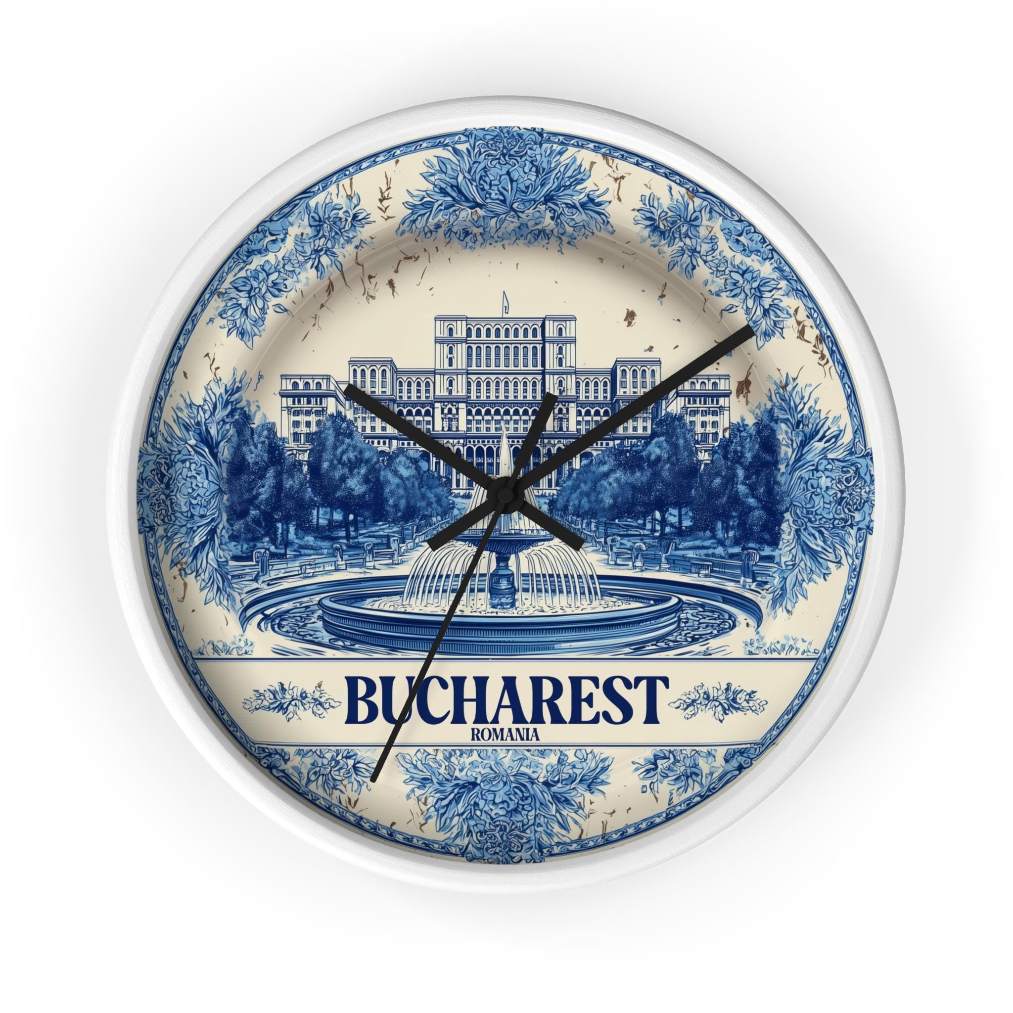Bucharest Romania Wall Clock, Delf style Home Decor, Vintage City Travel Keepsake Art