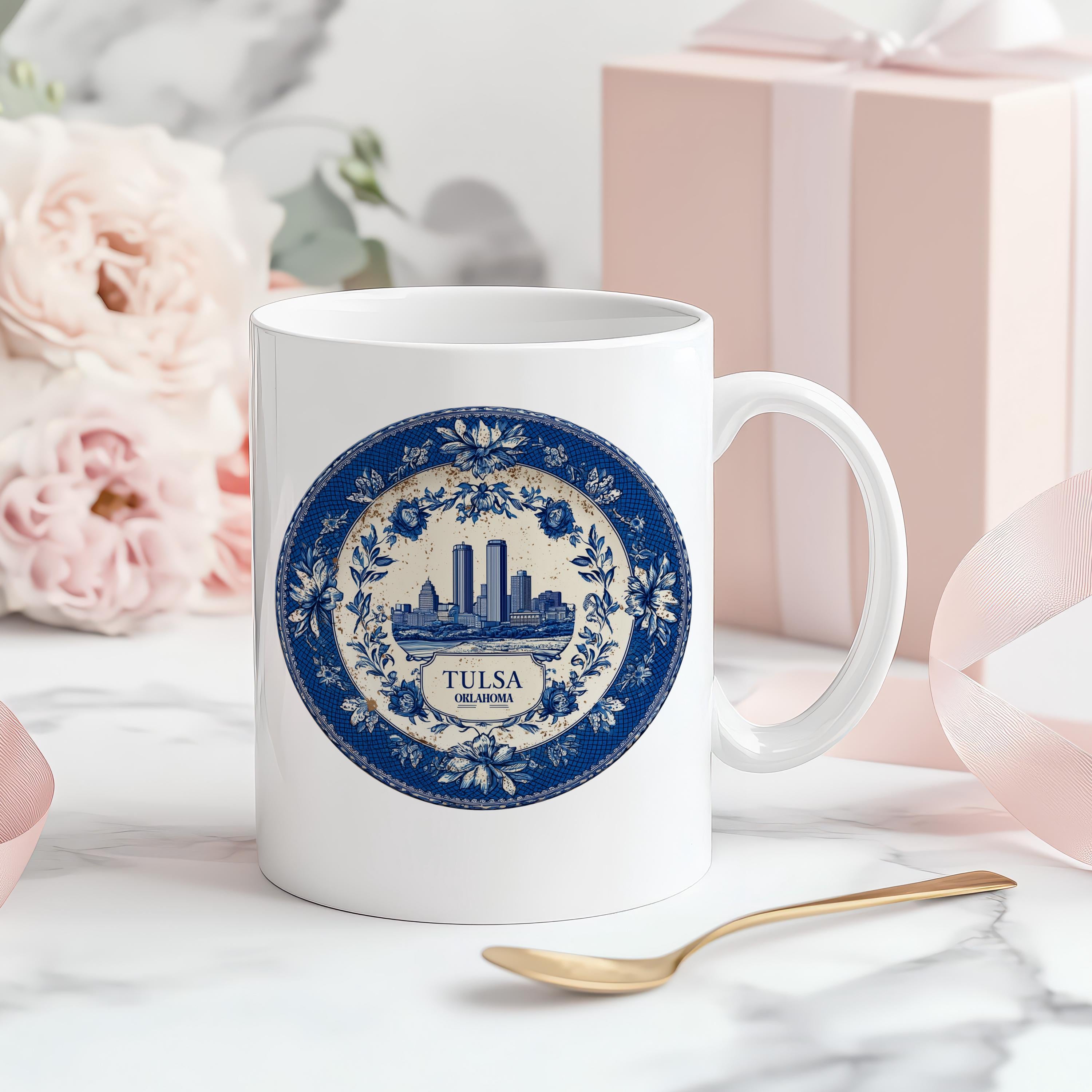 Tulsa Oklahoma Mug, Custom Delft Style cup, Personalized Vintage Travel City Gift