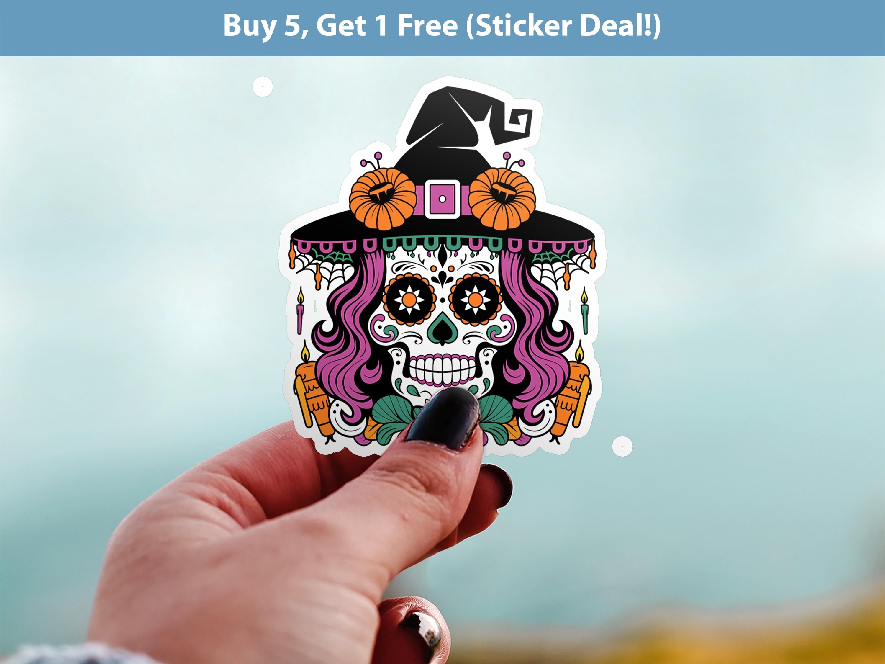 Sugar Skull Witch Sticker, Day of the Dead Halloween Decal, Floral Goth Vinyl