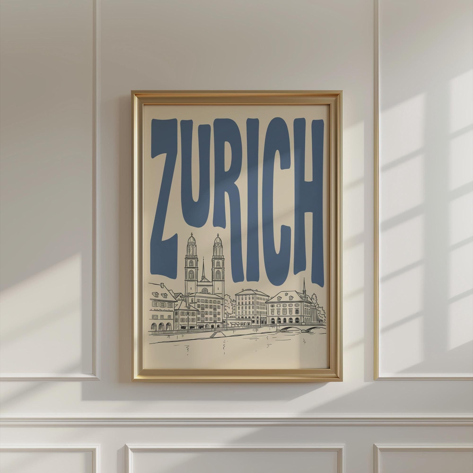 Zurich Skyline Wall Art, Framed Canvas Print, Switzerland Travel Poster
