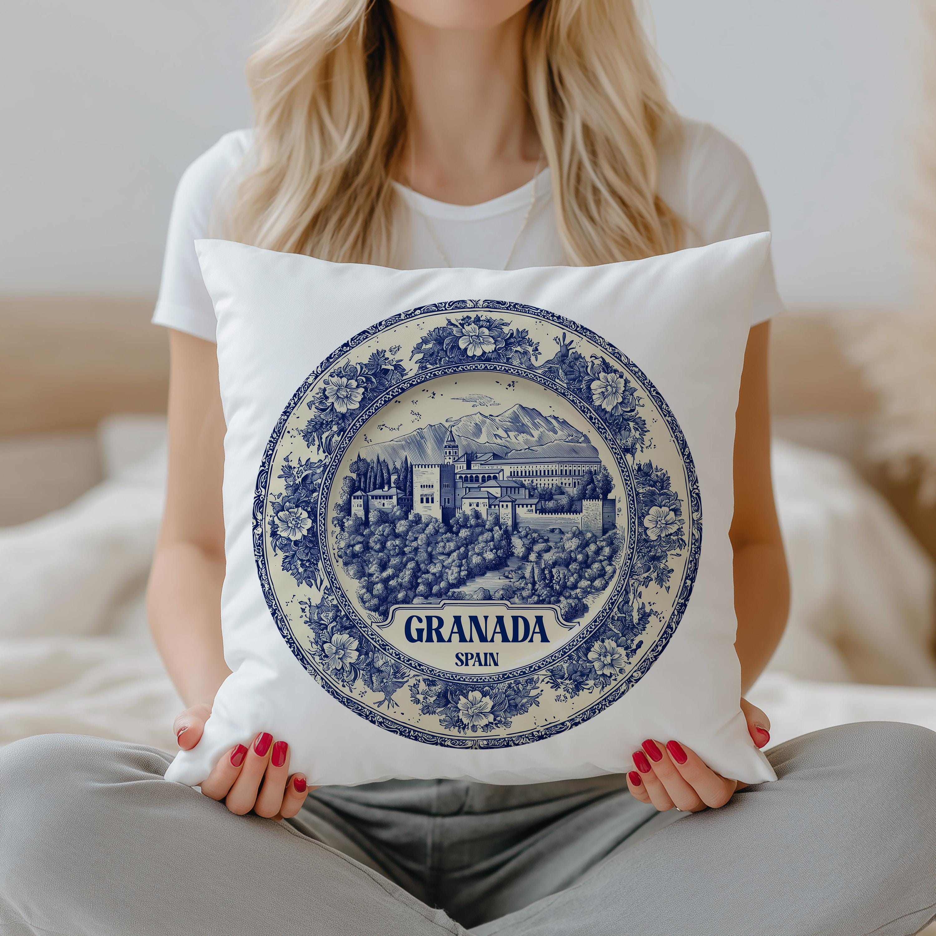 Granada Spain Pillowcase, Delft Style Decorative Throw Pillow, Vintage Cityscape Retro Home Decor