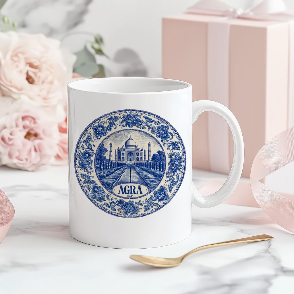 Agra India Mug, Custom Delft Style cup, Personalized Vintage Travel City Gift