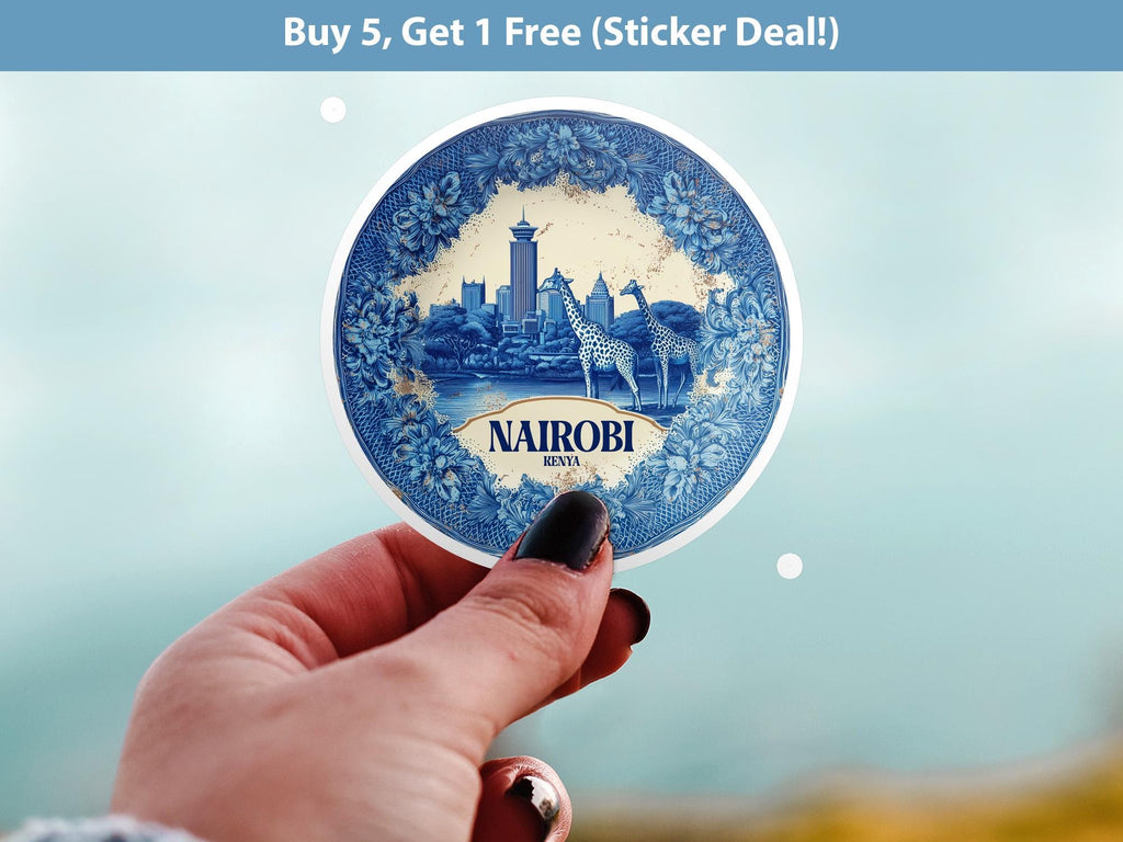 Nairobi Kenya Sticker Vintage Delft style, Delftware Decal Waterproof Vinyl, Blue City Travel