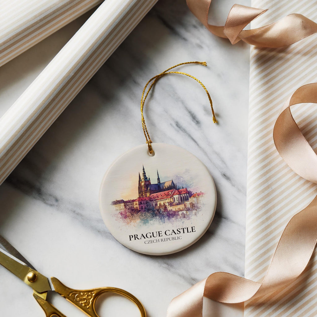 Prague Castle Czech Republic Personalized Watercolor Ornament, Custom Ceramic Christmas gift, Travel Keepsake