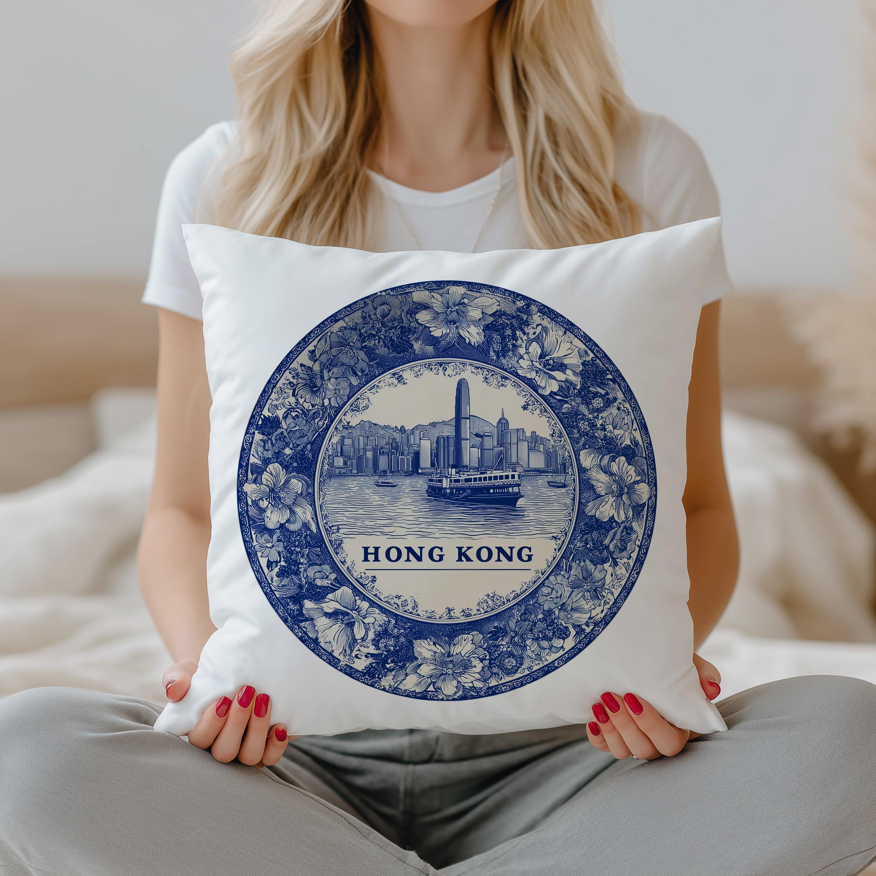 Hong Kong Pillowcase, Delft Style Decorative Throw Pillow, Vintage Cityscape Retro Home Decor