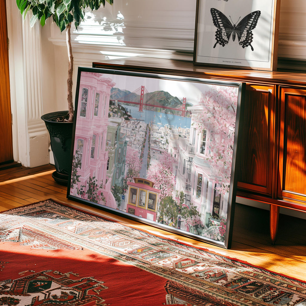 San Francisco Spring Wall Art, Cherry Blossom Floral Travel Gift Decor Large Print Painting