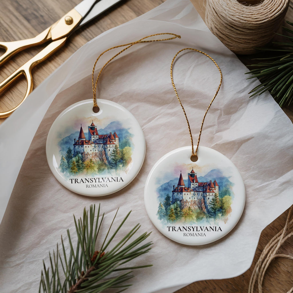 Transylvania Romania Personalized Watercolor Ornament, Custom Ceramic Christmas gift, Travel Keepsake