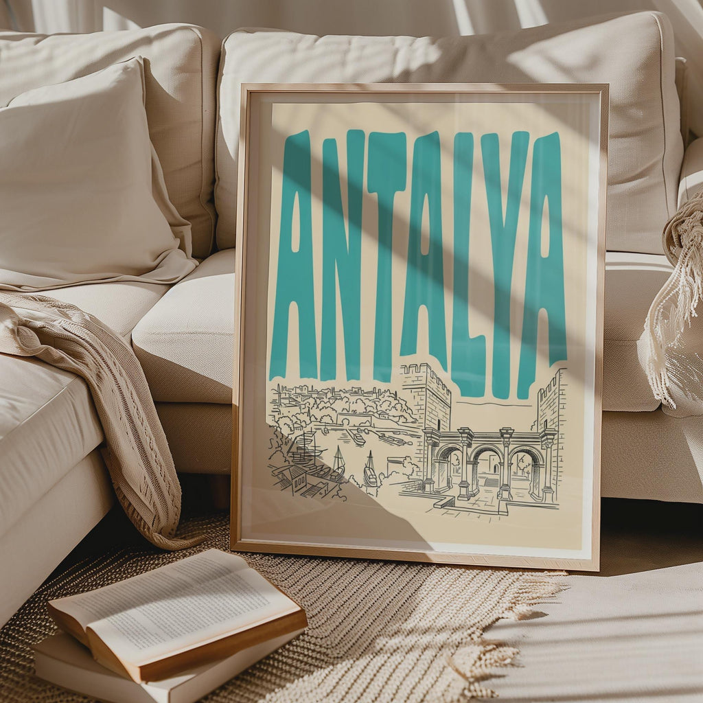 Antalya Turkey Wall Art, Retro Travel Poster, Framed Canvas Print