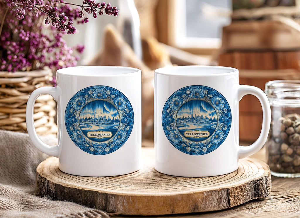 Yellowknife Canada Mug, Custom Delft Style cup, Personalized Vintage Travel City Gift