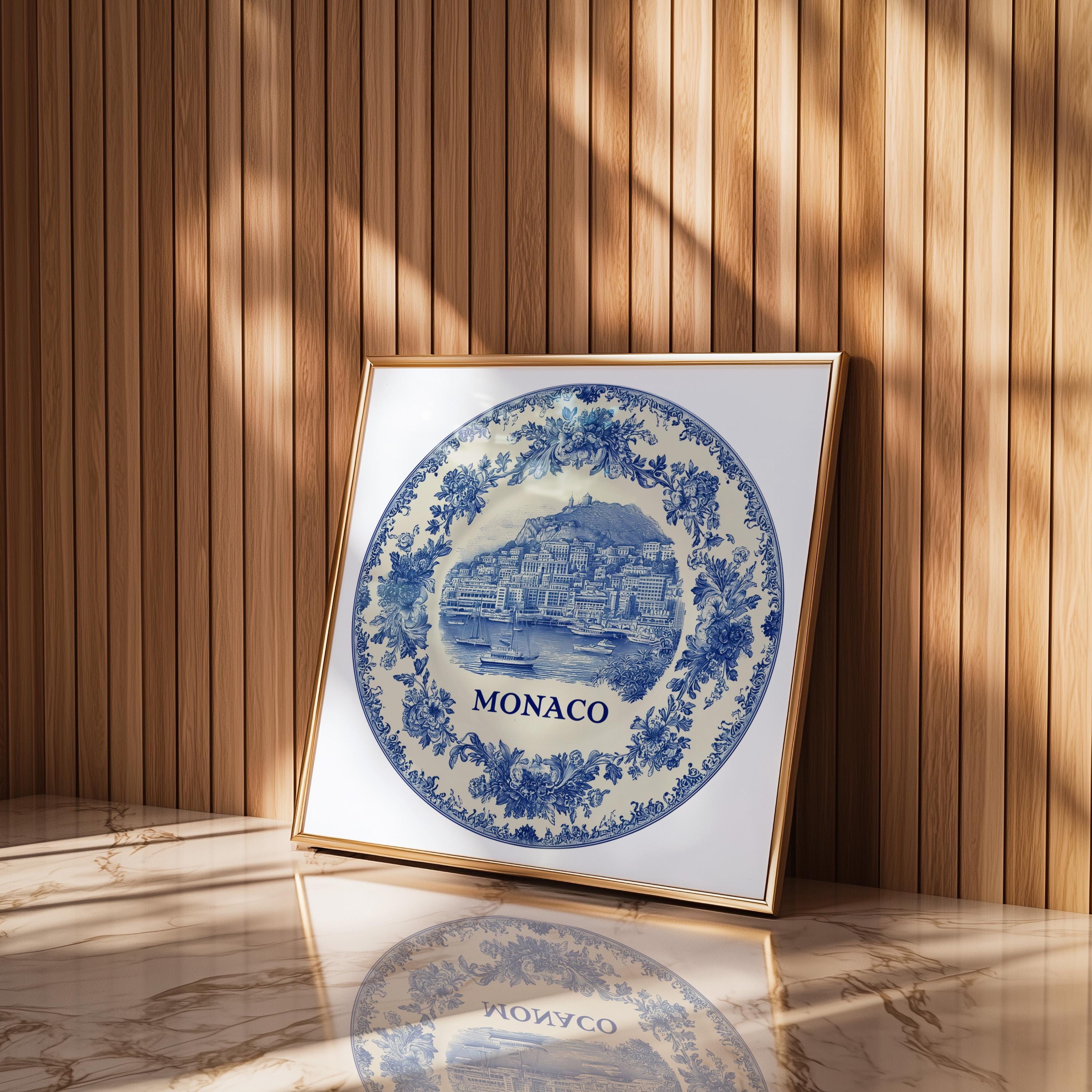 Monaco Wall Art, Vintage Delft Blue Poster, City Print, Travel Home Decor