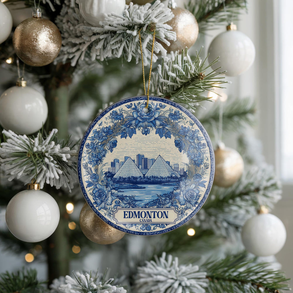 Custom Edmonton Canada Ceramic Delft Ornament, Christmas Delftware Blue Delftware city travel