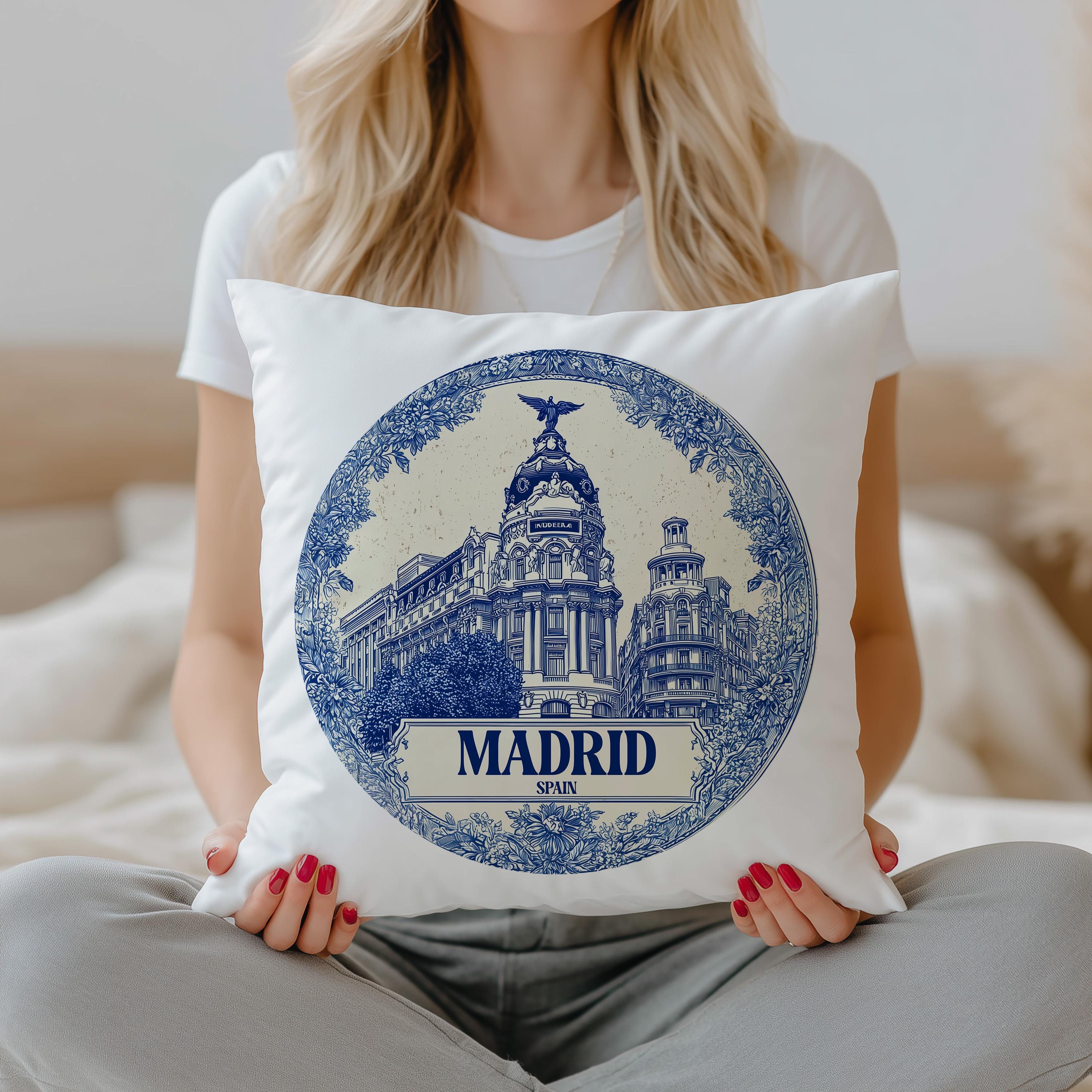 Madrid Spain Pillowcase, Delft Style Decorative Throw Pillow, Vintage Cityscape Retro Home Decor