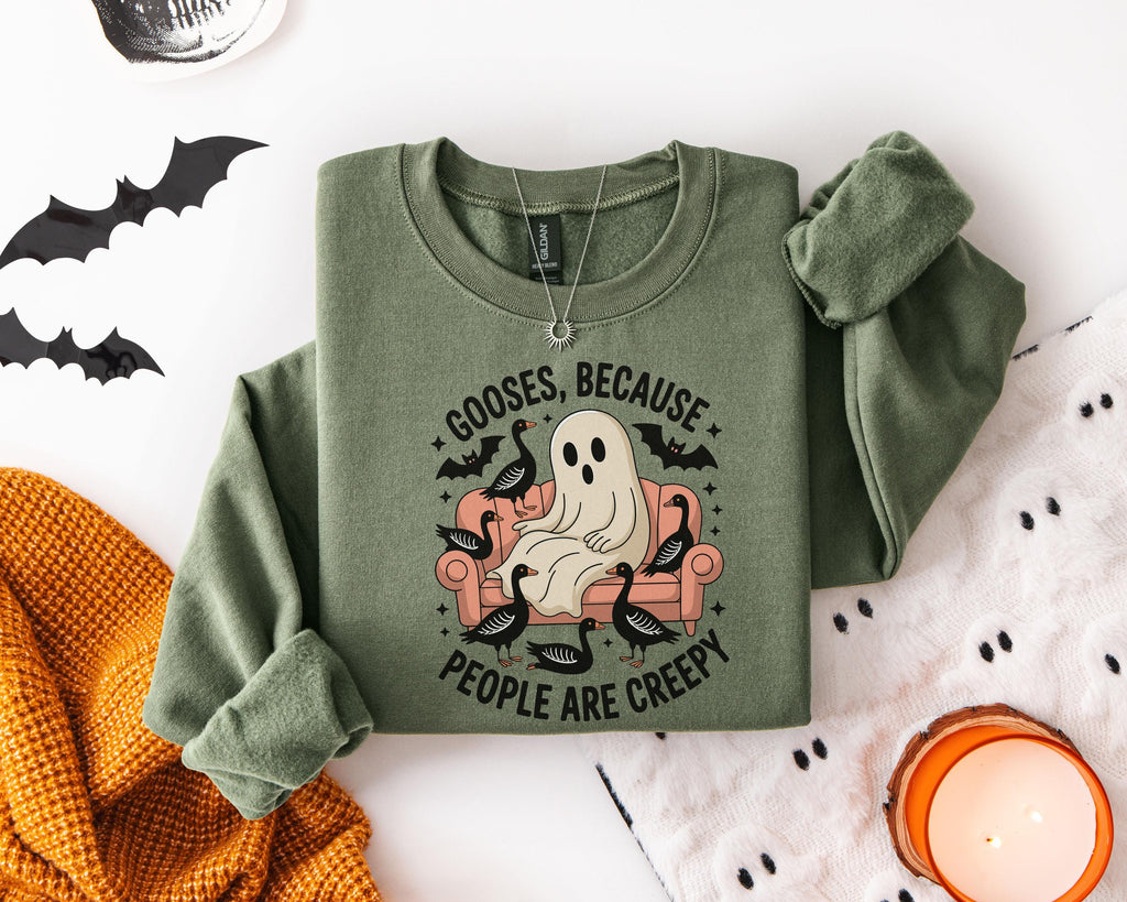Gooses Because People are Creepy Halloween Sweatshirt: Funny Ghost, Creepy Fall Pullover