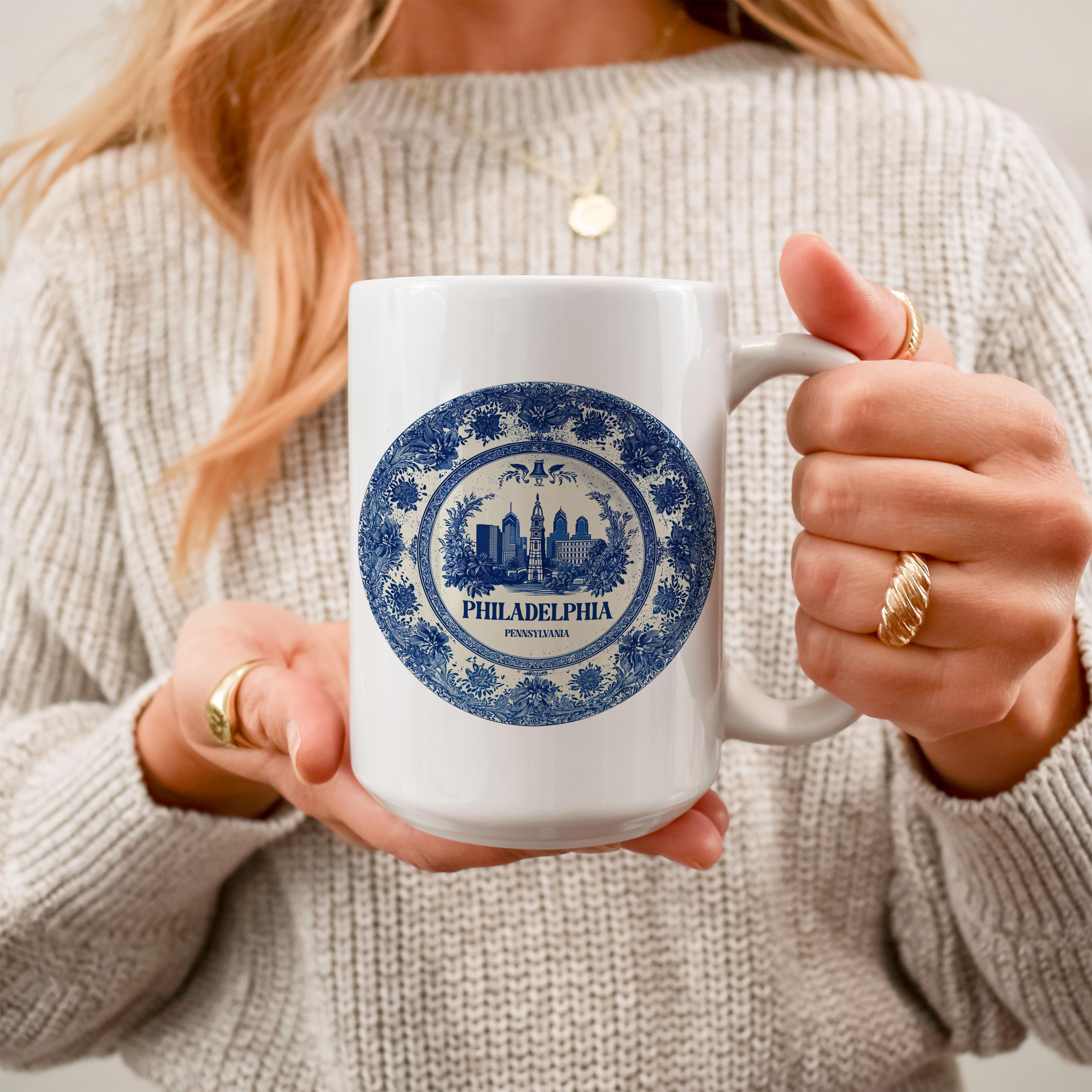Philadelphia Mug Pennsylvania Mug, Custom Delft Style cup, Personalized Vintage Travel City Gift