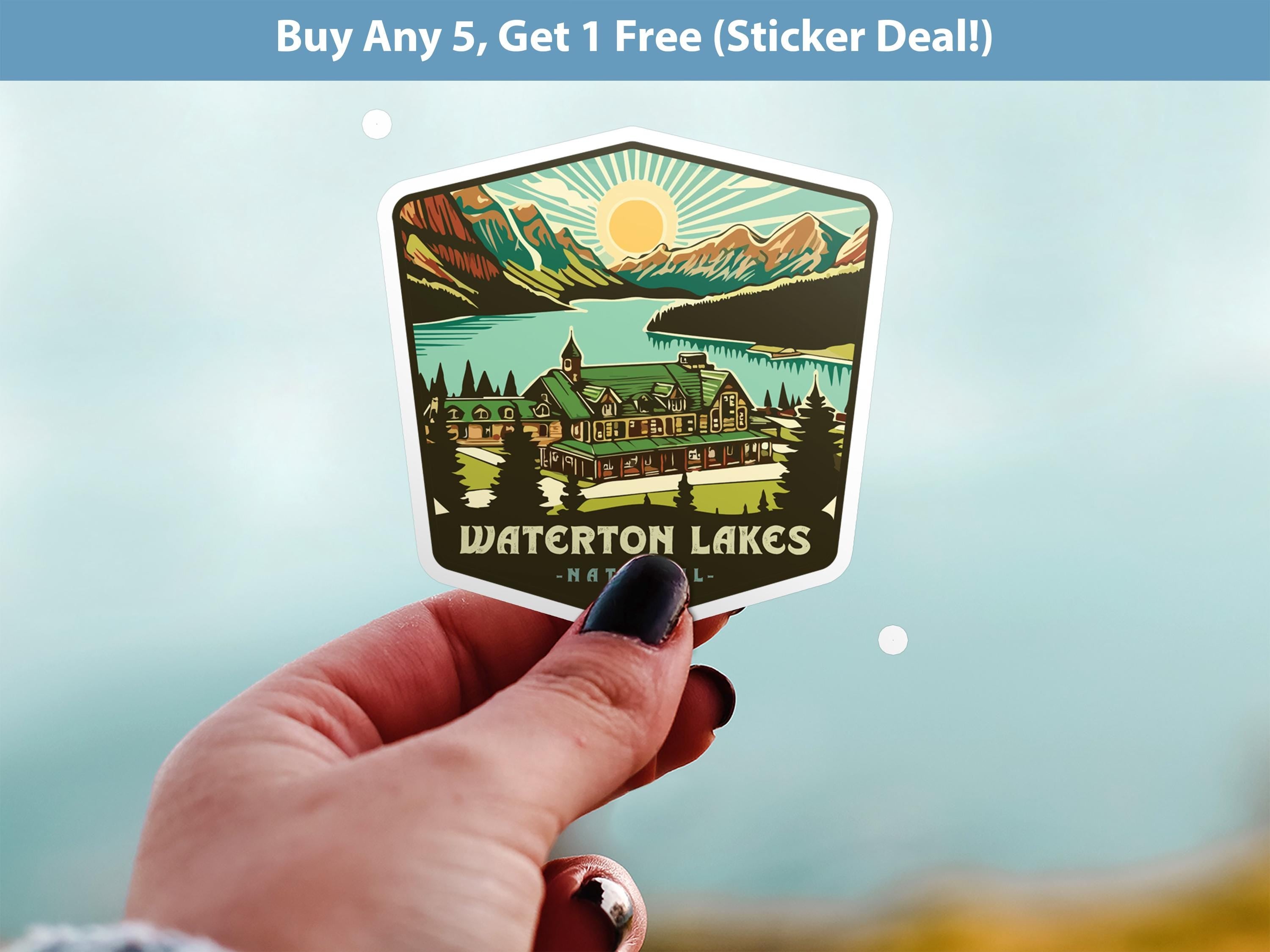 Waterton Lakes National Park Sticker, Vinyl Canada Alberta, Retro Water Bottle Decal Hiking