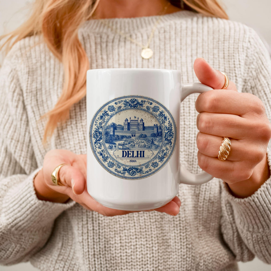 Delhi India Mug, Custom Delft Style cup, Personalized Vintage Travel City Gift