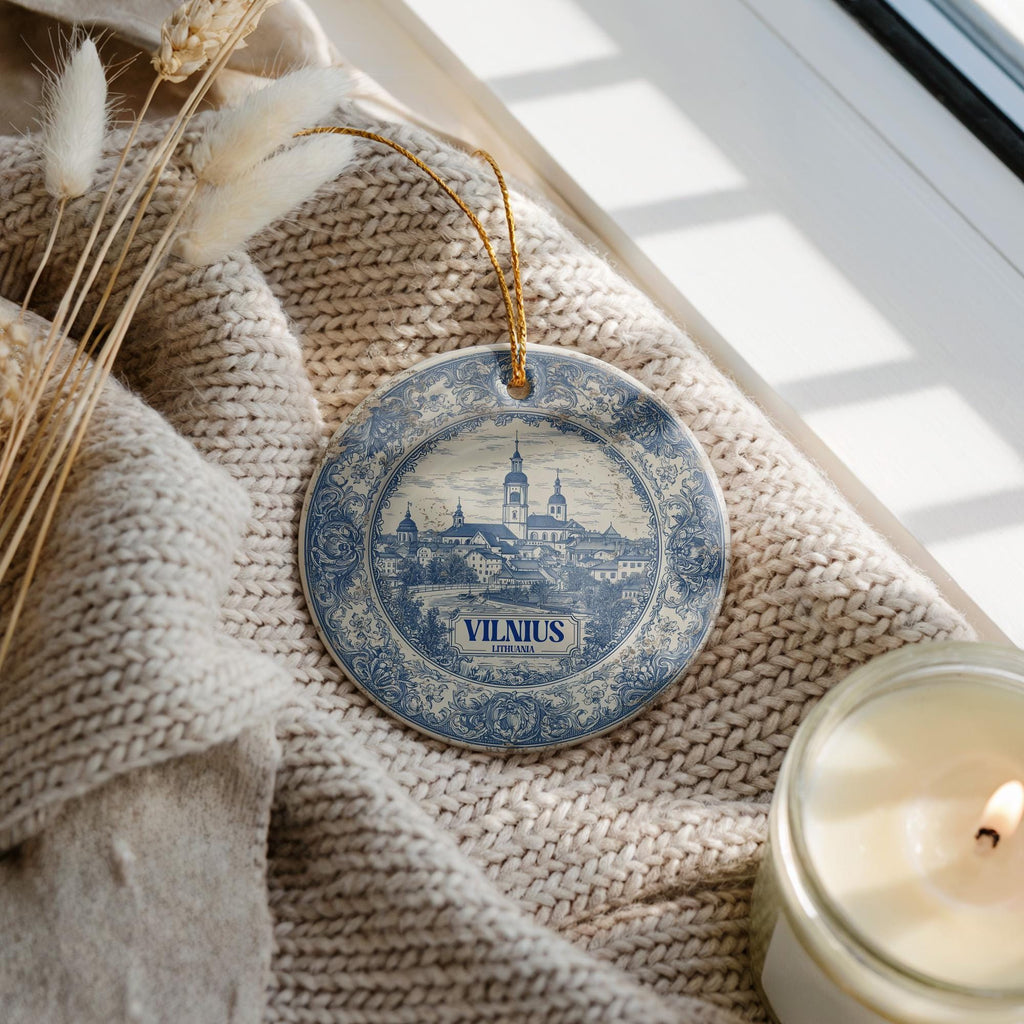 Custom Vilnius Lithuania Ceramic Delft Ornament, Christmas Delftware Blue Delftware city travel