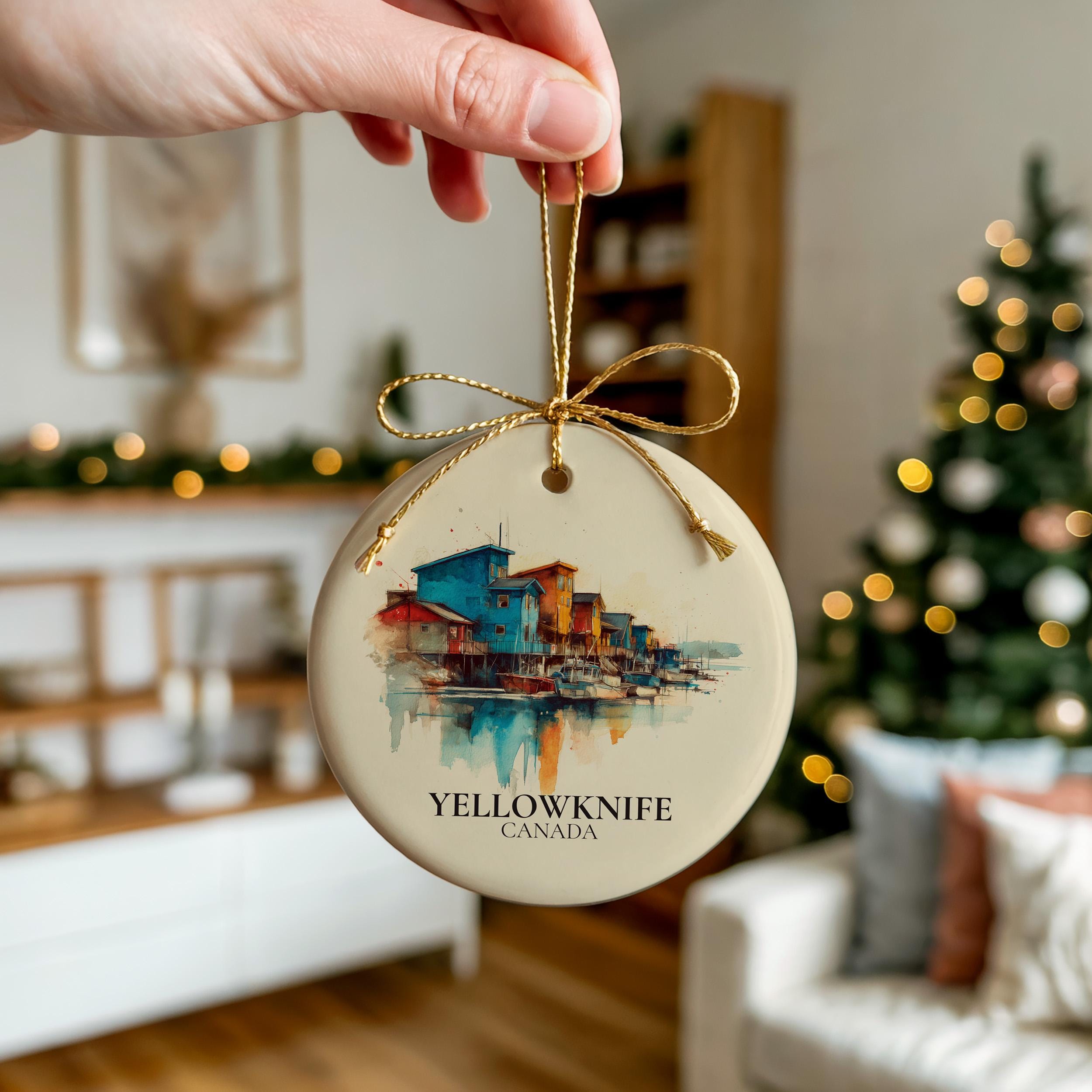 Yellowknife Canada Personalized Watercolor Ornament, Custom Ceramic Christmas gift, Travel Keepsake